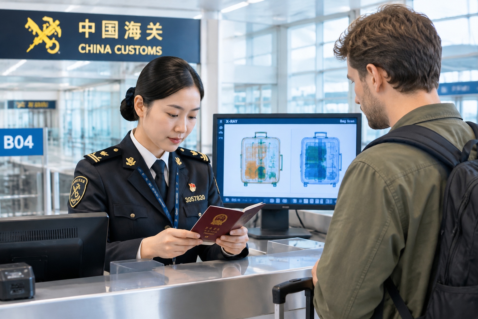 China Customs officer checks a traveller’s passport and luggage scan at an international airport