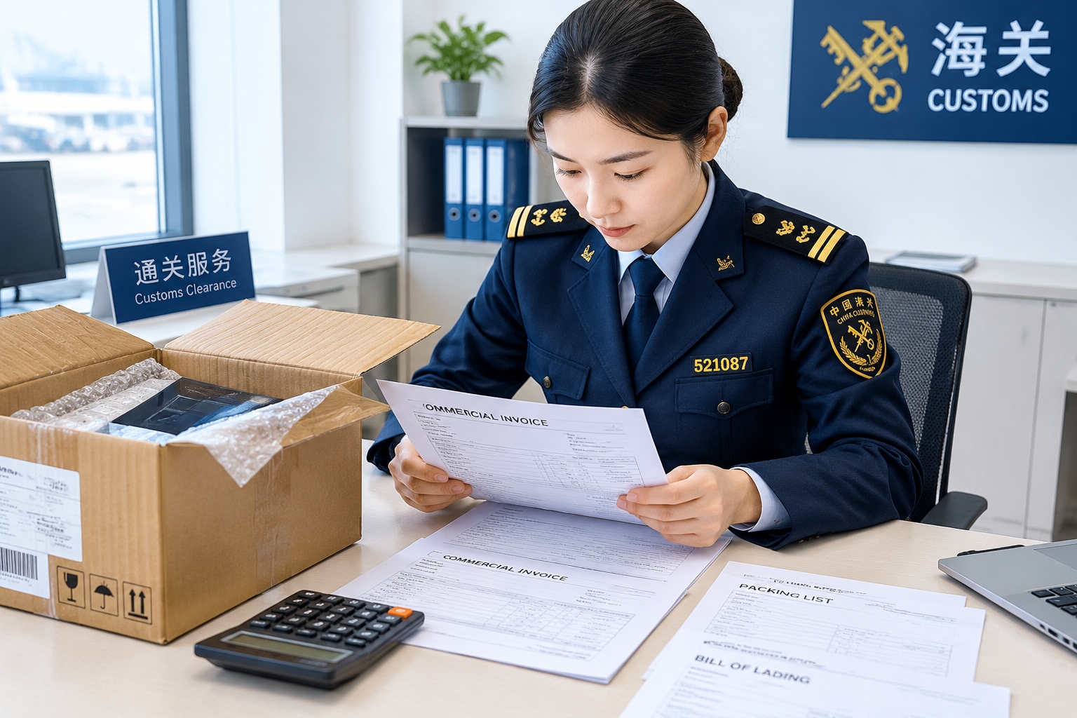 Customs officer evaluates an imported parcel invoice at a clearance desk