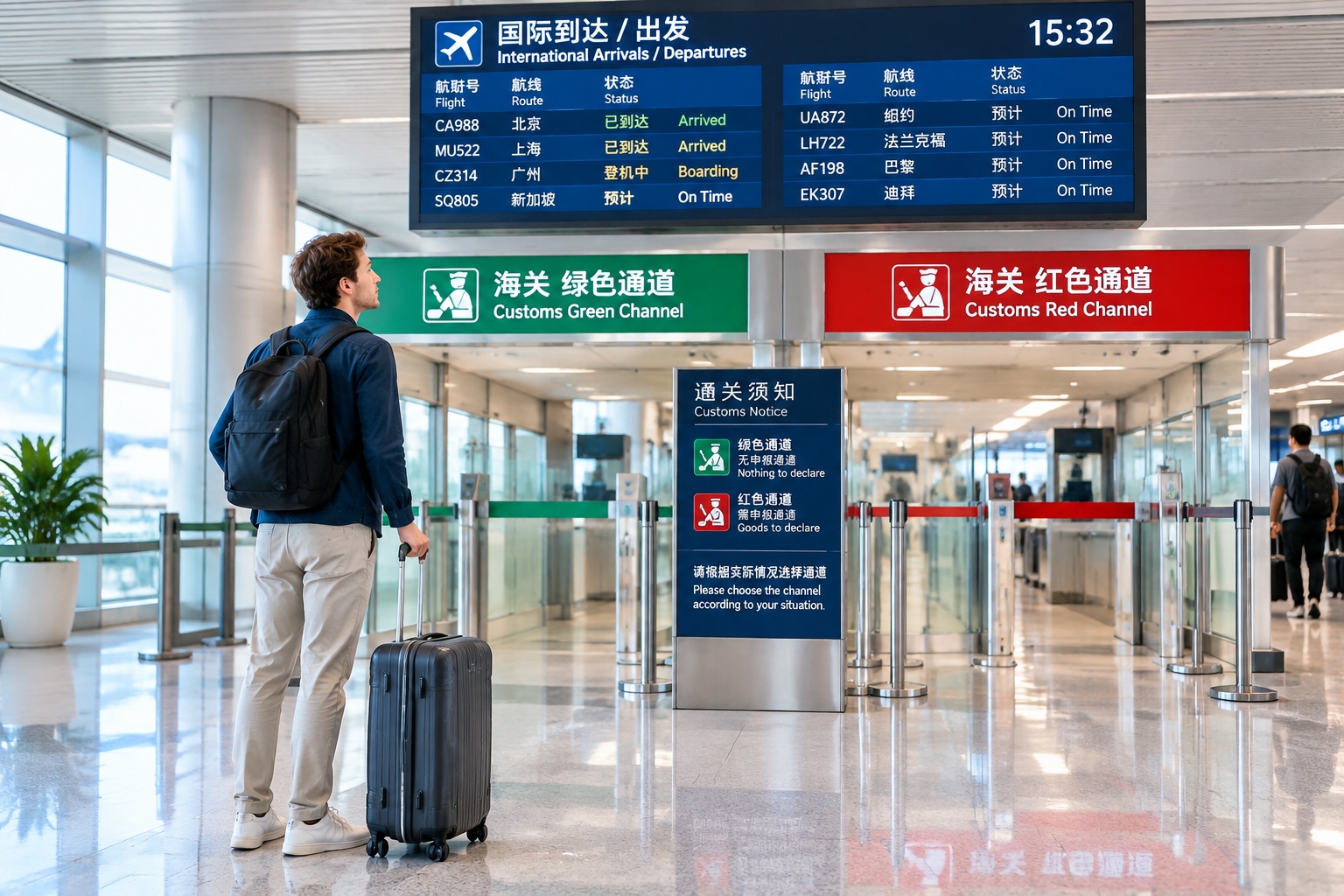 Traveller reads customs declaration signs at the green and red channels in a Chinese airport
