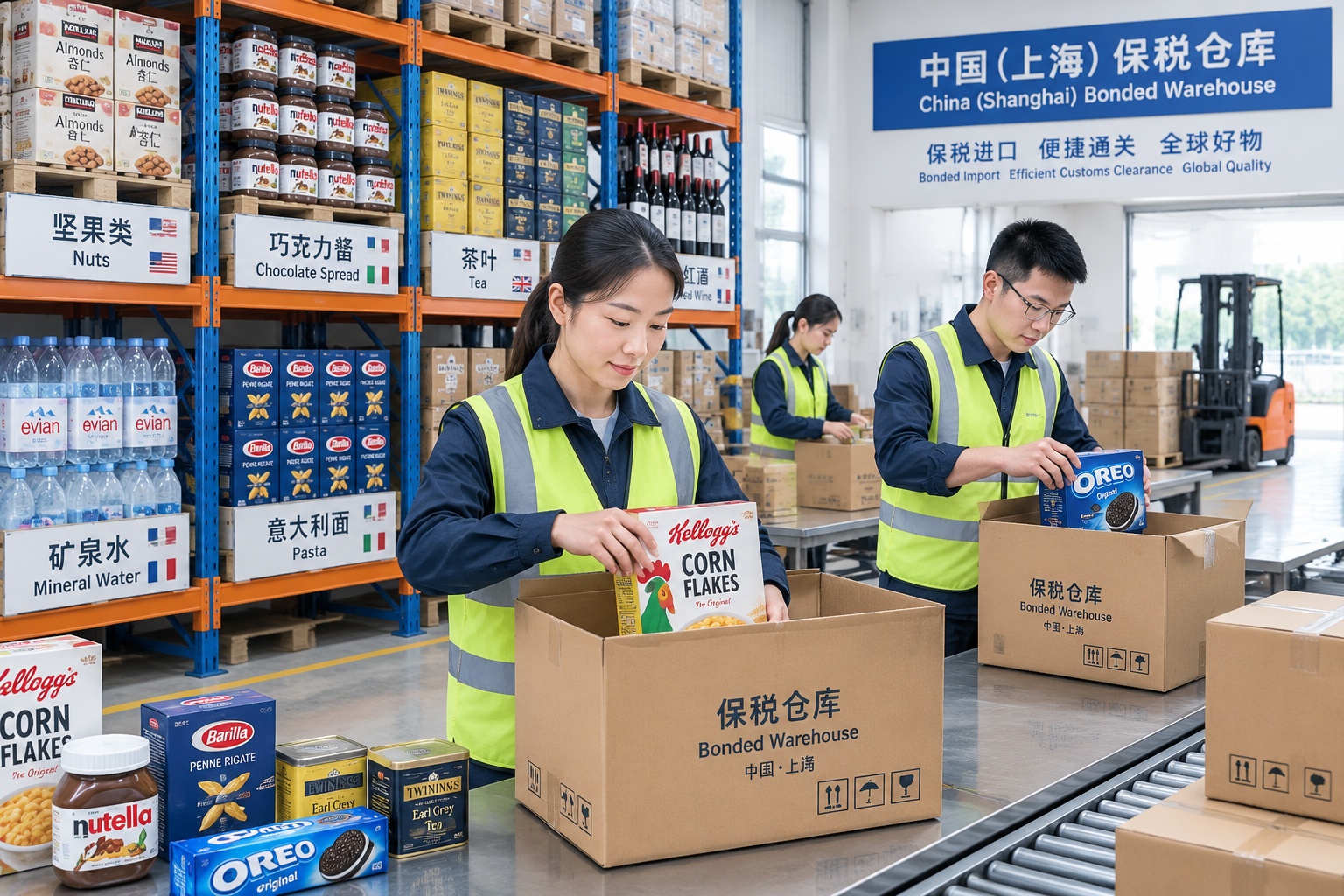 Workers pack imported goods at a Chinese cross-border e-commerce bonded warehouse