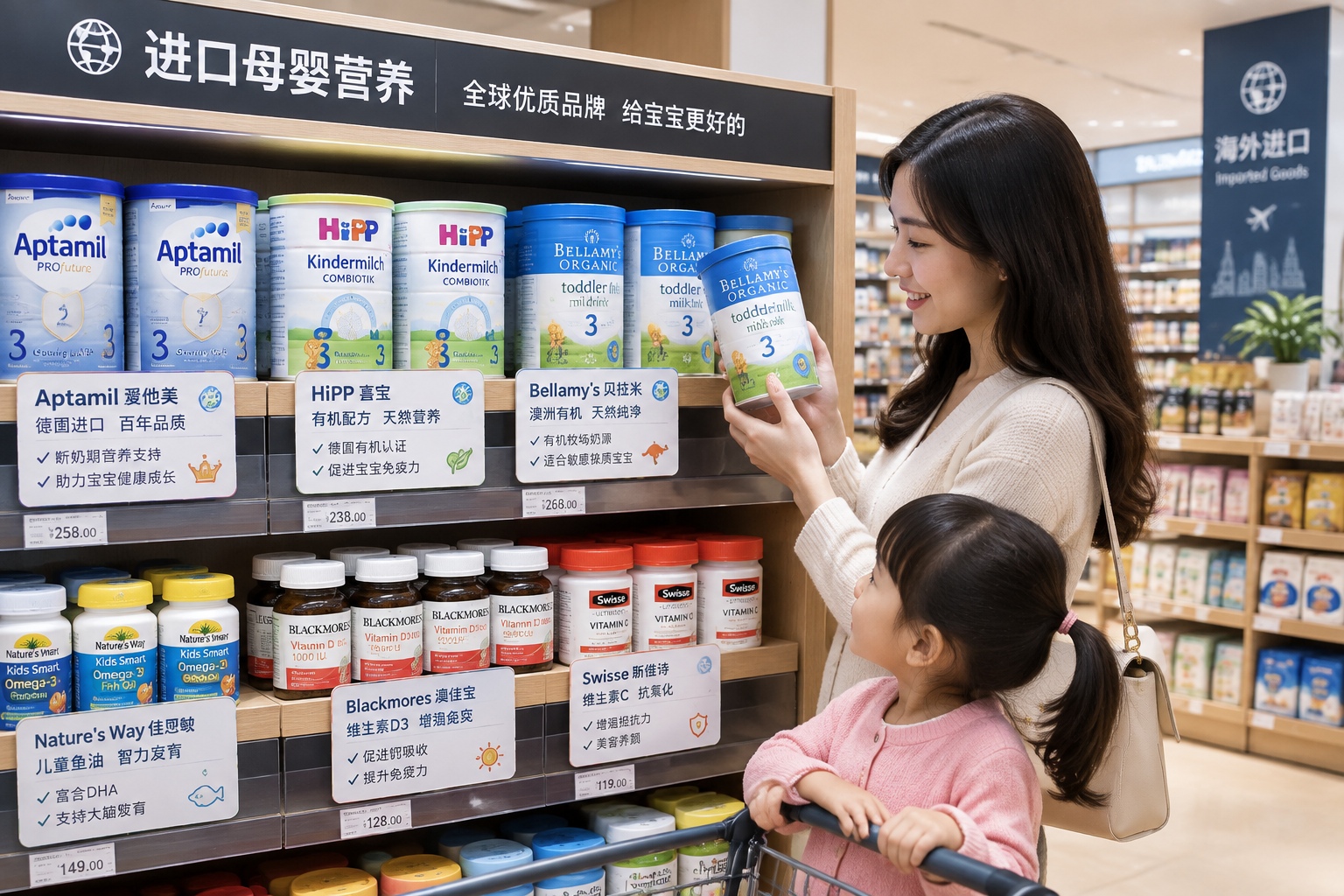Shelves of infant formula and dietary supplements showing Chinese labels in a retail store