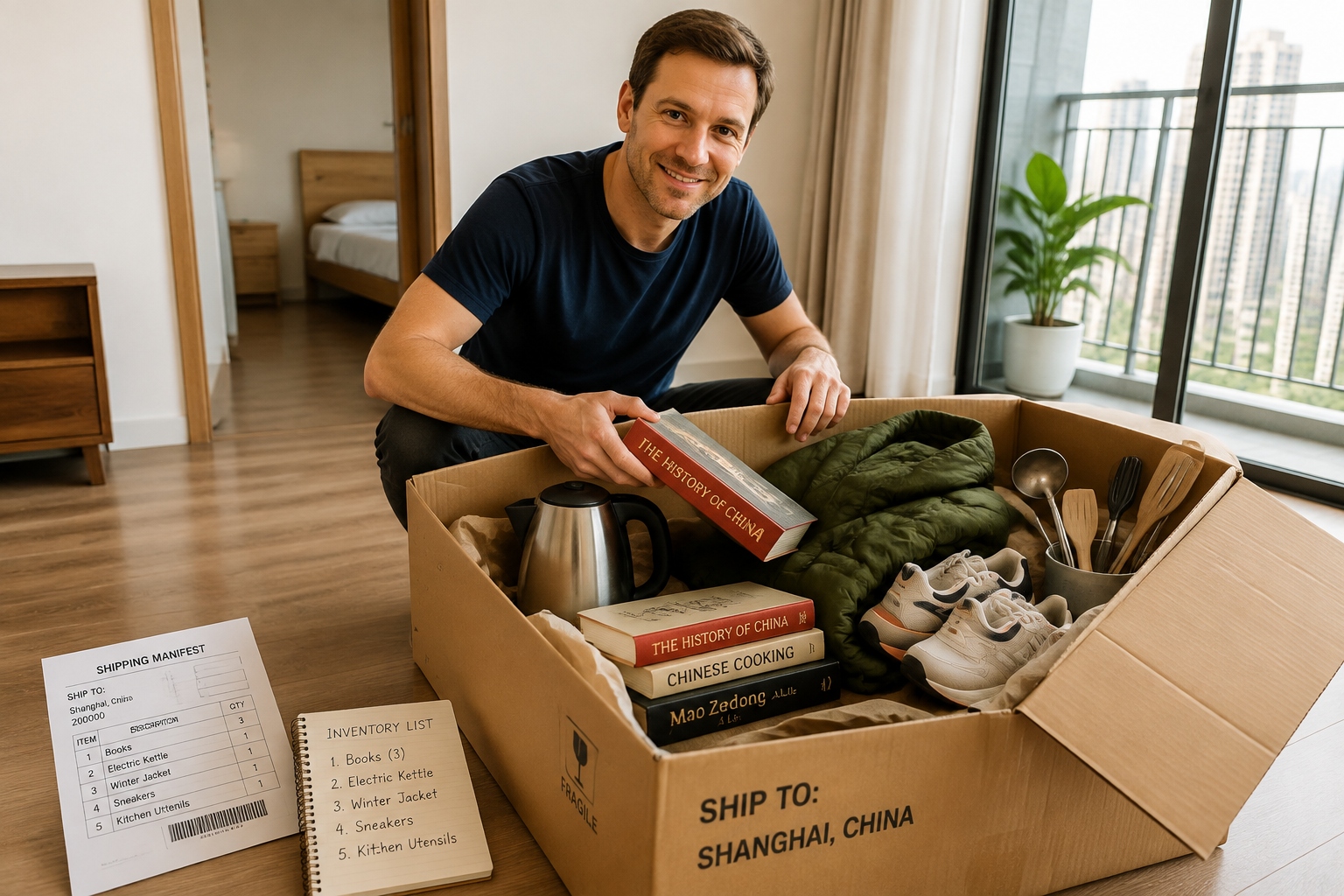 Moving to China: A Guide to Declaring Unaccompanied Luggage 23 Cardboard moving box containing used personal household items for Chinese customs inspection