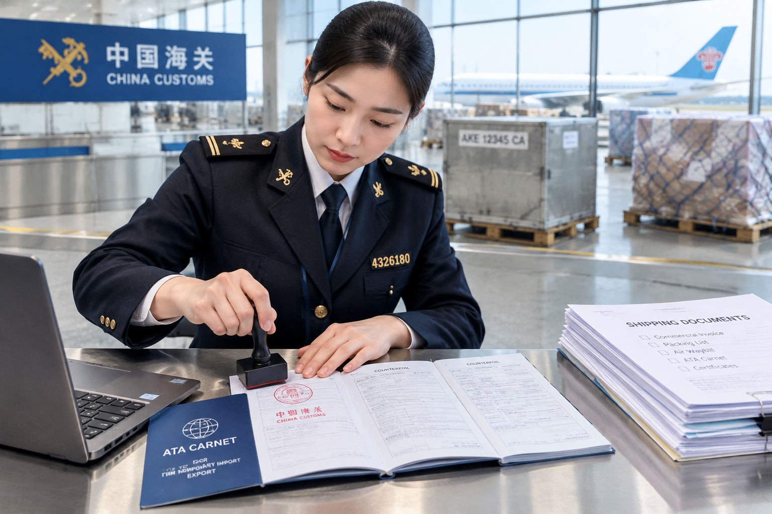Chinese customs officer stamping an ATA carnet booklet at an airport cargo terminal counter, with crated freight behind