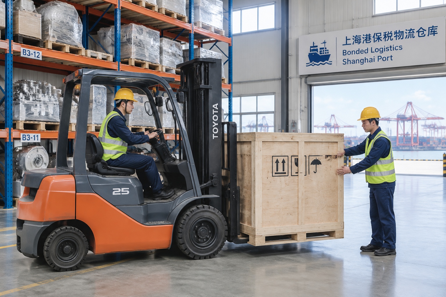 Workers moving a crated industrial machine by forklift inside a bonded warehouse near Shanghai port