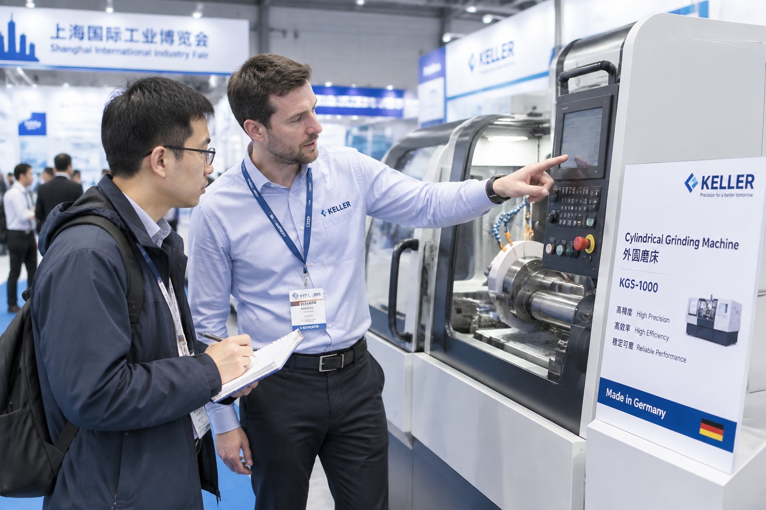 German engineer demonstrating a grinding machine control panel to a Chinese buyer at a Shanghai trade fair booth