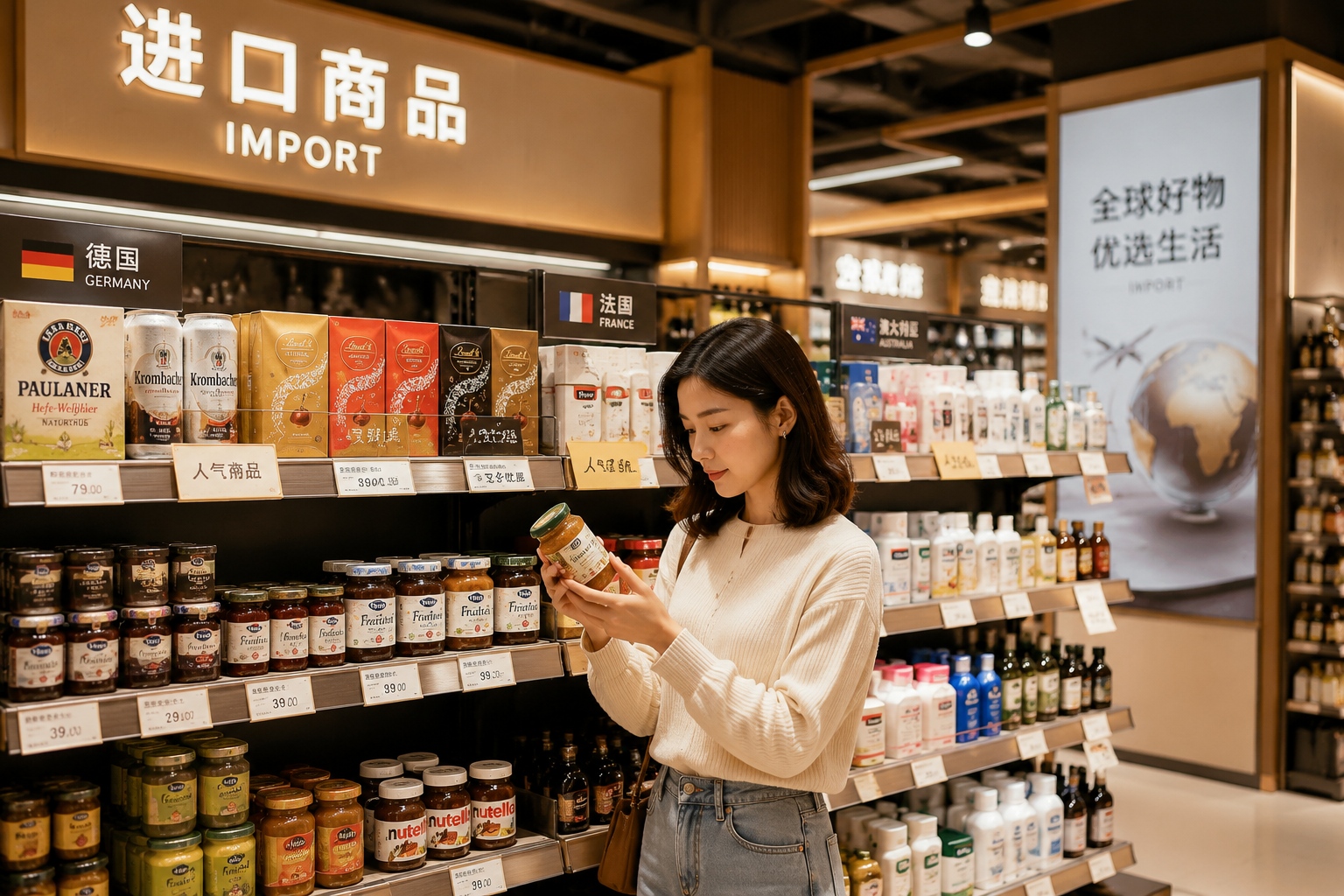 Imported food products on a Chinese supermarket shelf with Chinese labels attached