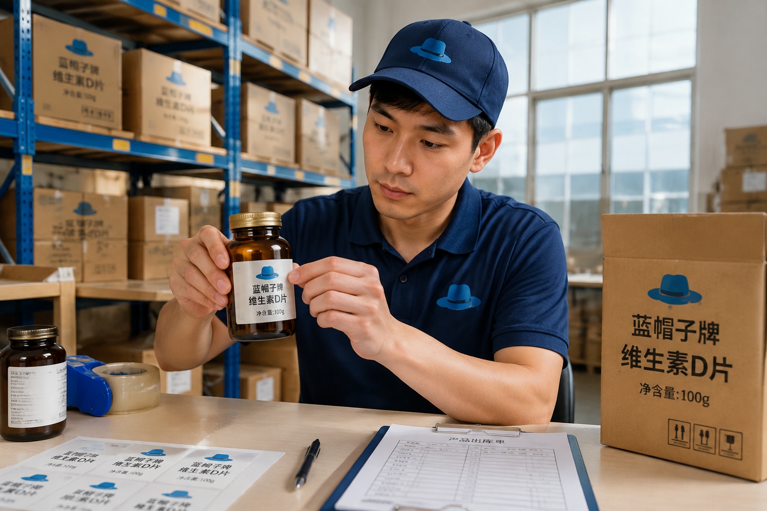 Hand applying a Chinese label sticker on an imported supplement bottle in a warehouse
