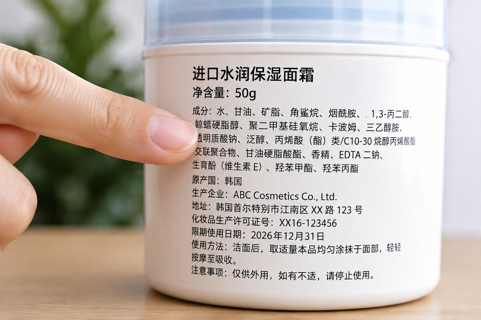 Close-up of a finger pointing at the Chinese ingredient list on an imported skincare product label