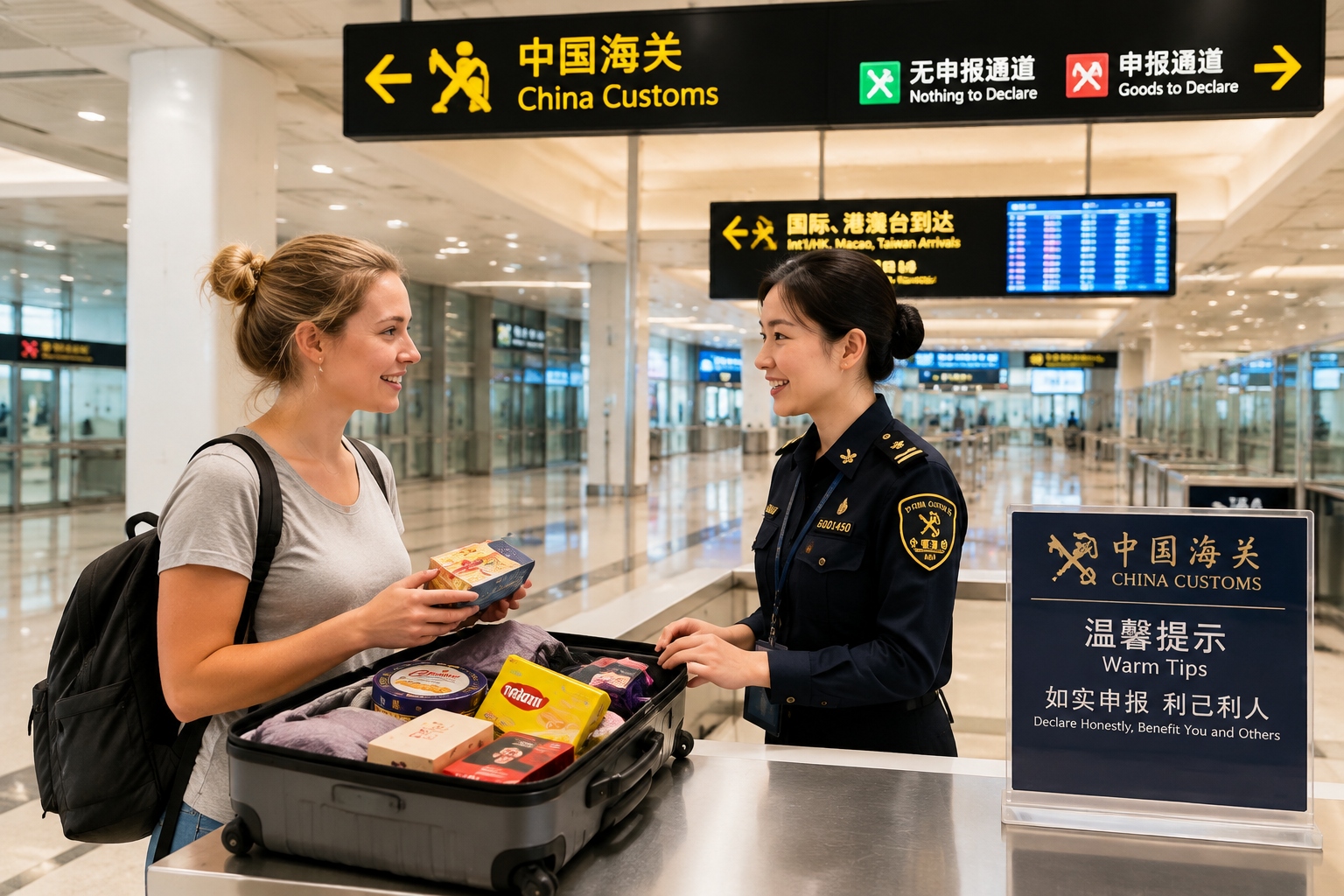 Traveler at a Chinese airport customs counter with an officer inspecting an open suitcase in the arrivals hall