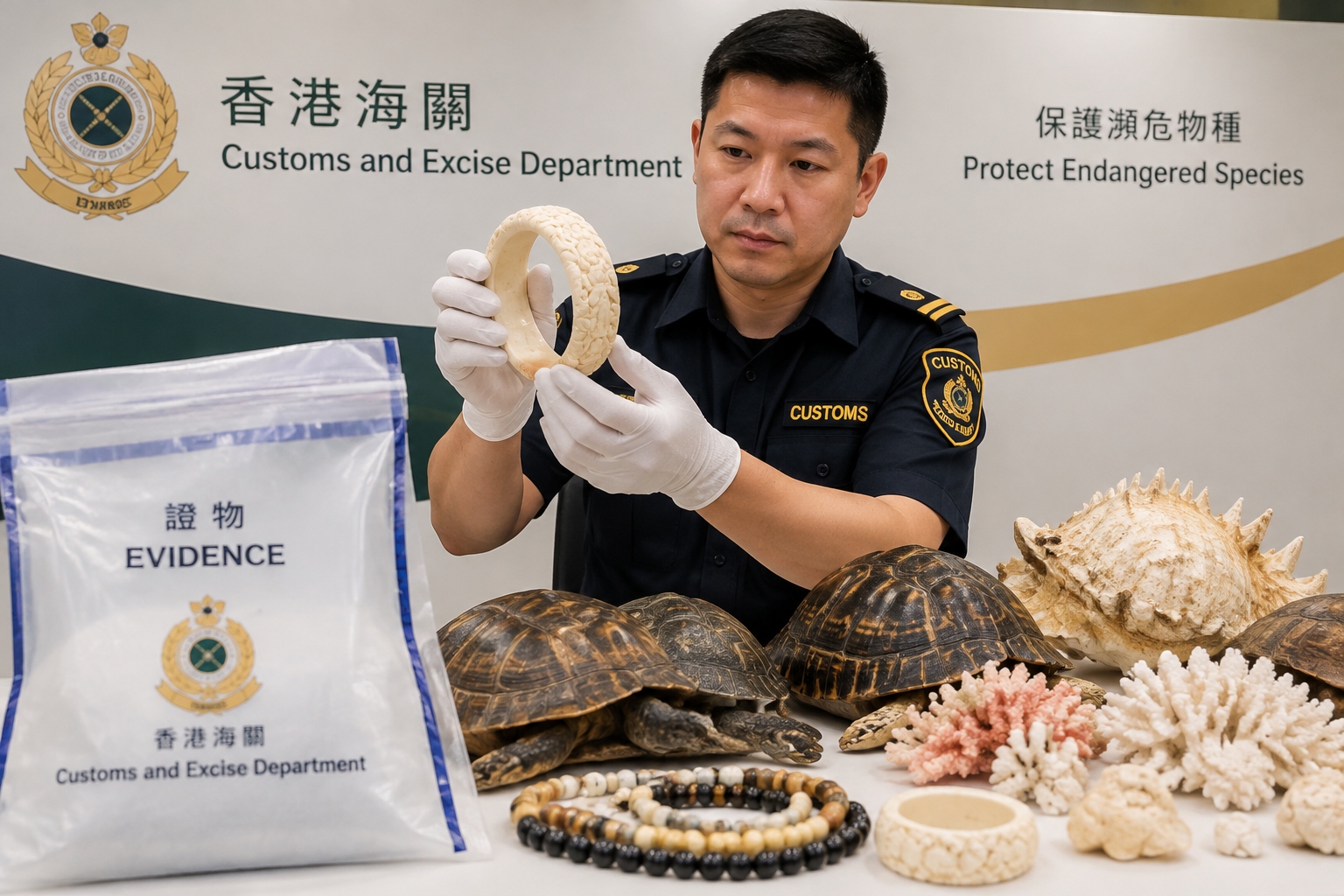 Customs officer inspecting a carved ivory bracelet at a seizure display table with other wildlife products