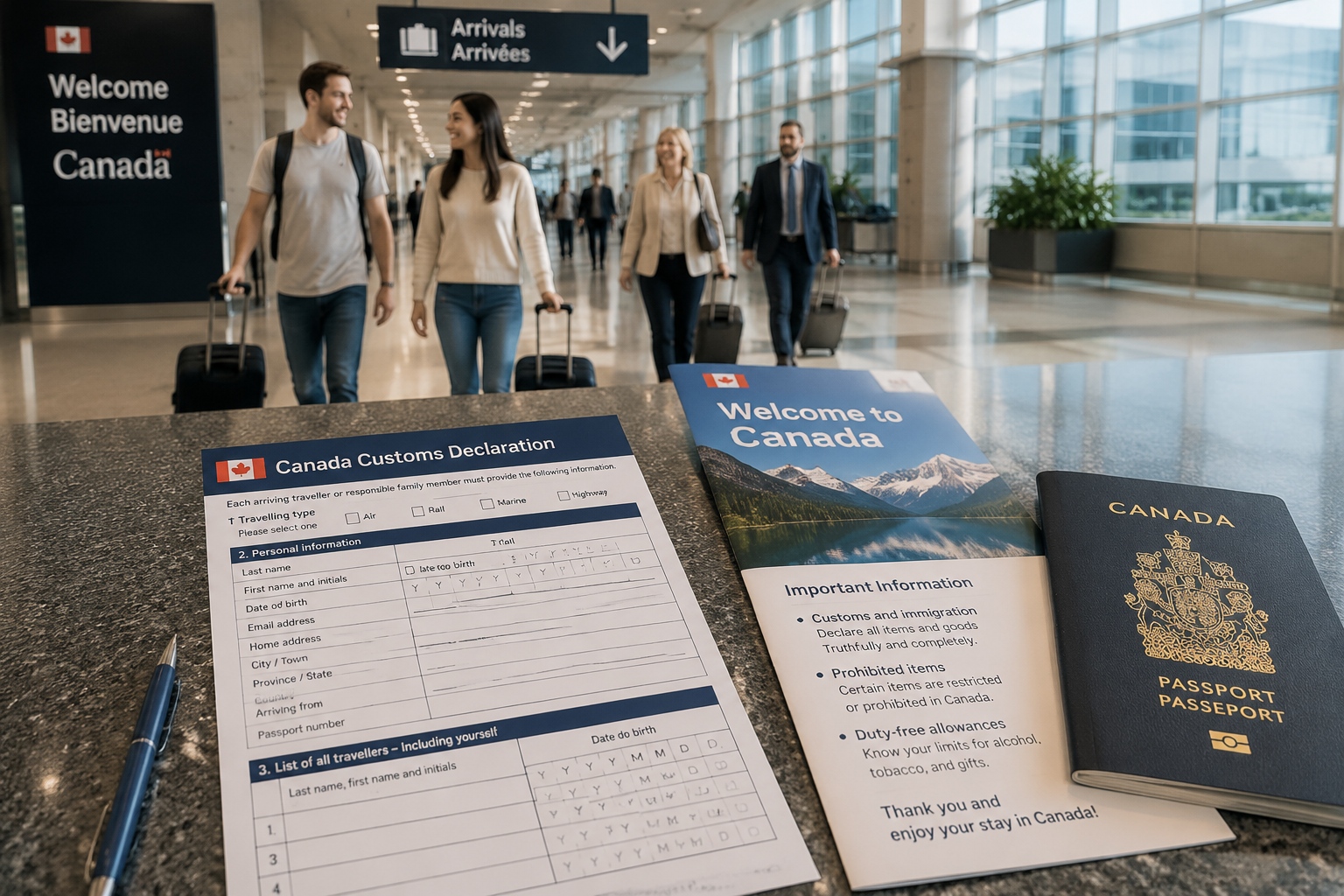 Person filling out a Chinese customs declaration form in a bright airport lobby with a Canadian passport on the counter