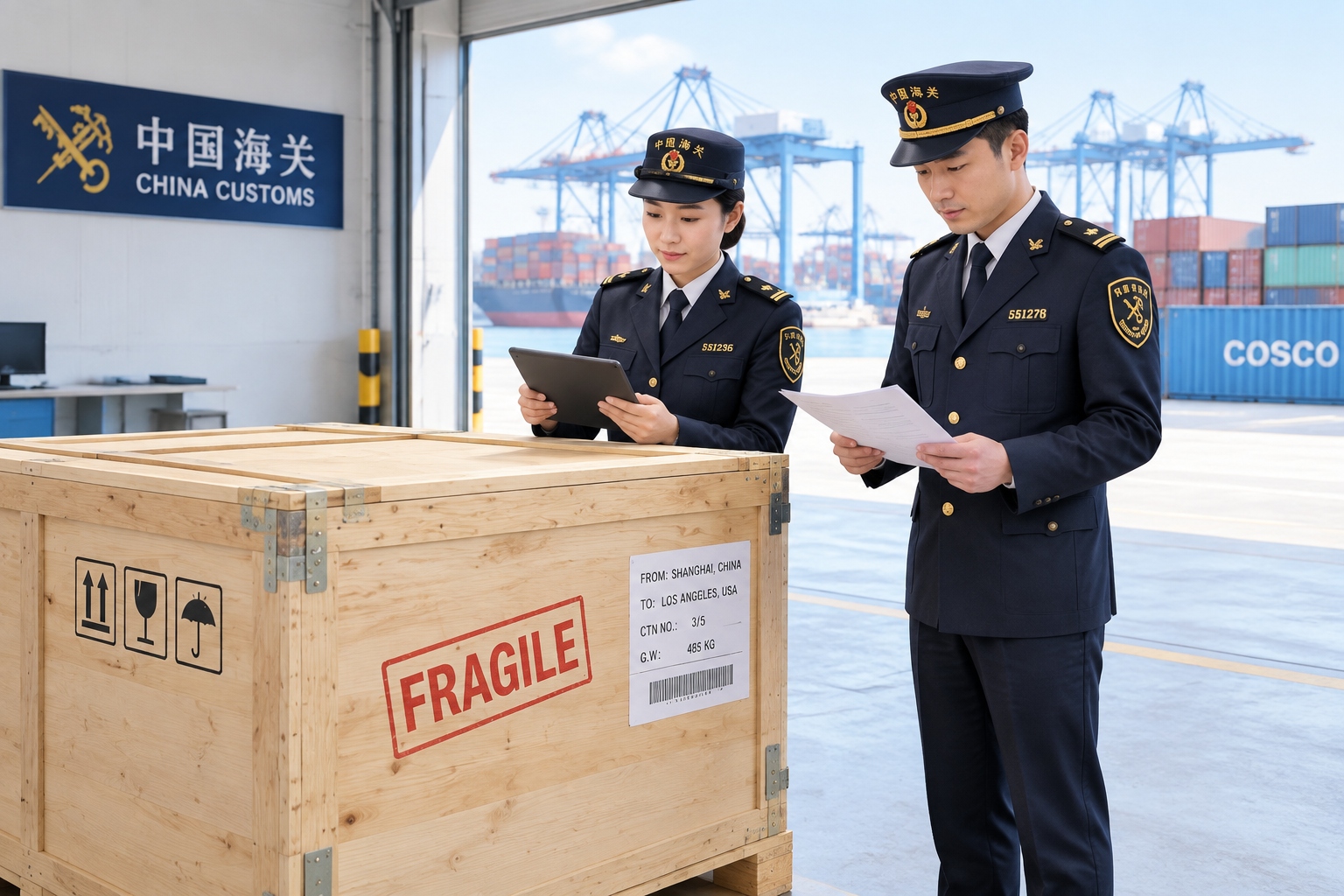 Chinese customs officers inspecting export cargo at a warehouse to verify export control compliance