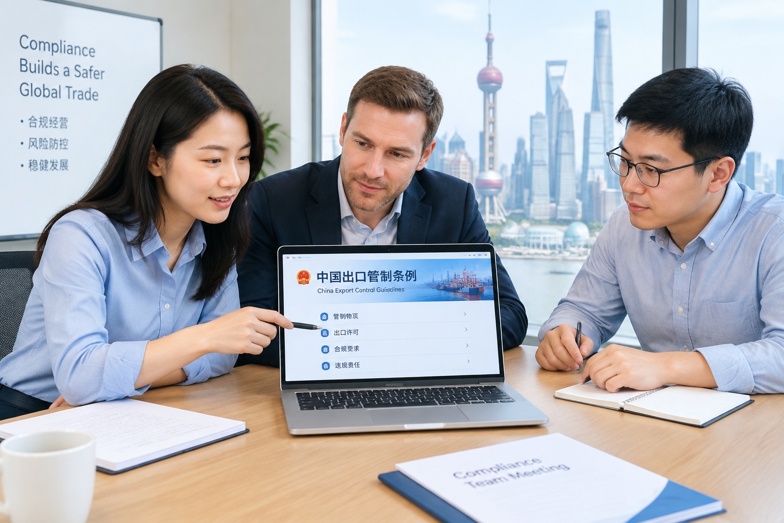 Compliance team discussing China export control guidelines in a Shanghai office meeting room