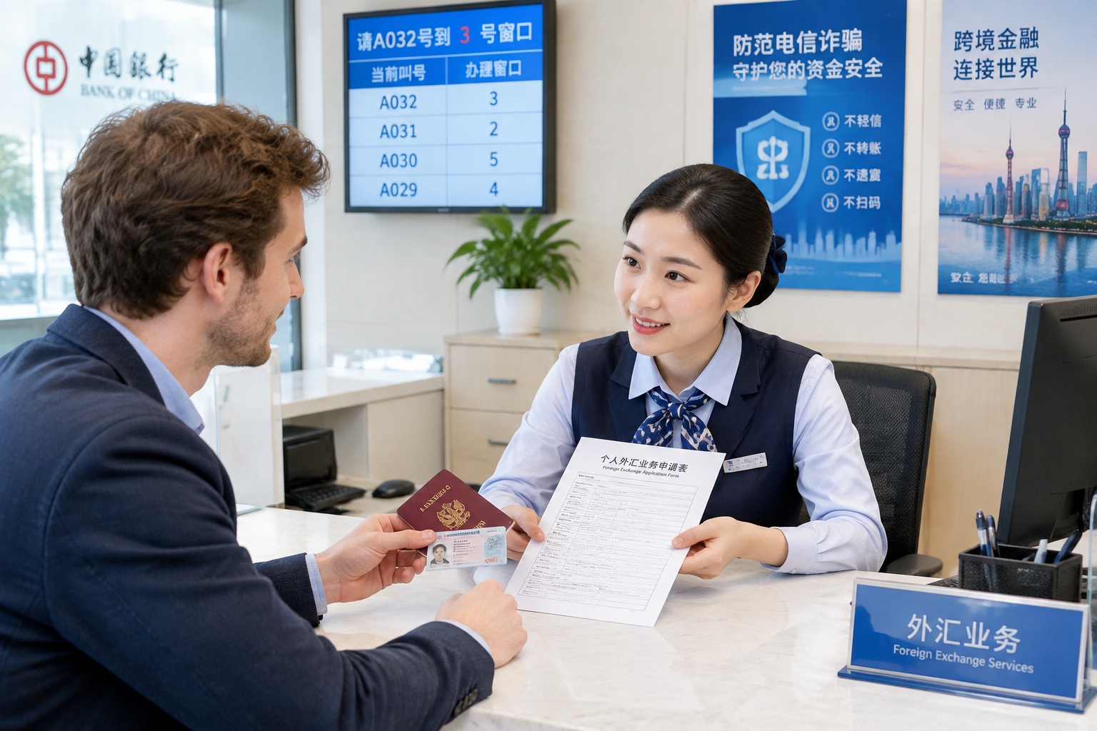 Foreign resident at a Chinese bank branch providing documents for a larger foreign exchange remittance