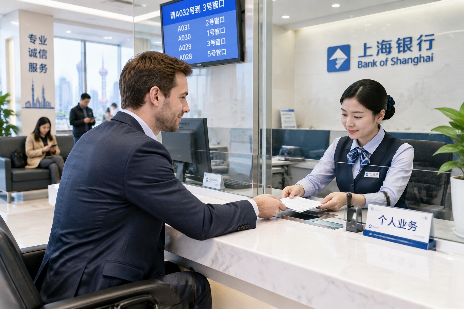 Expat employee handing salary remittance documents to bank teller in Shanghai bank branch
