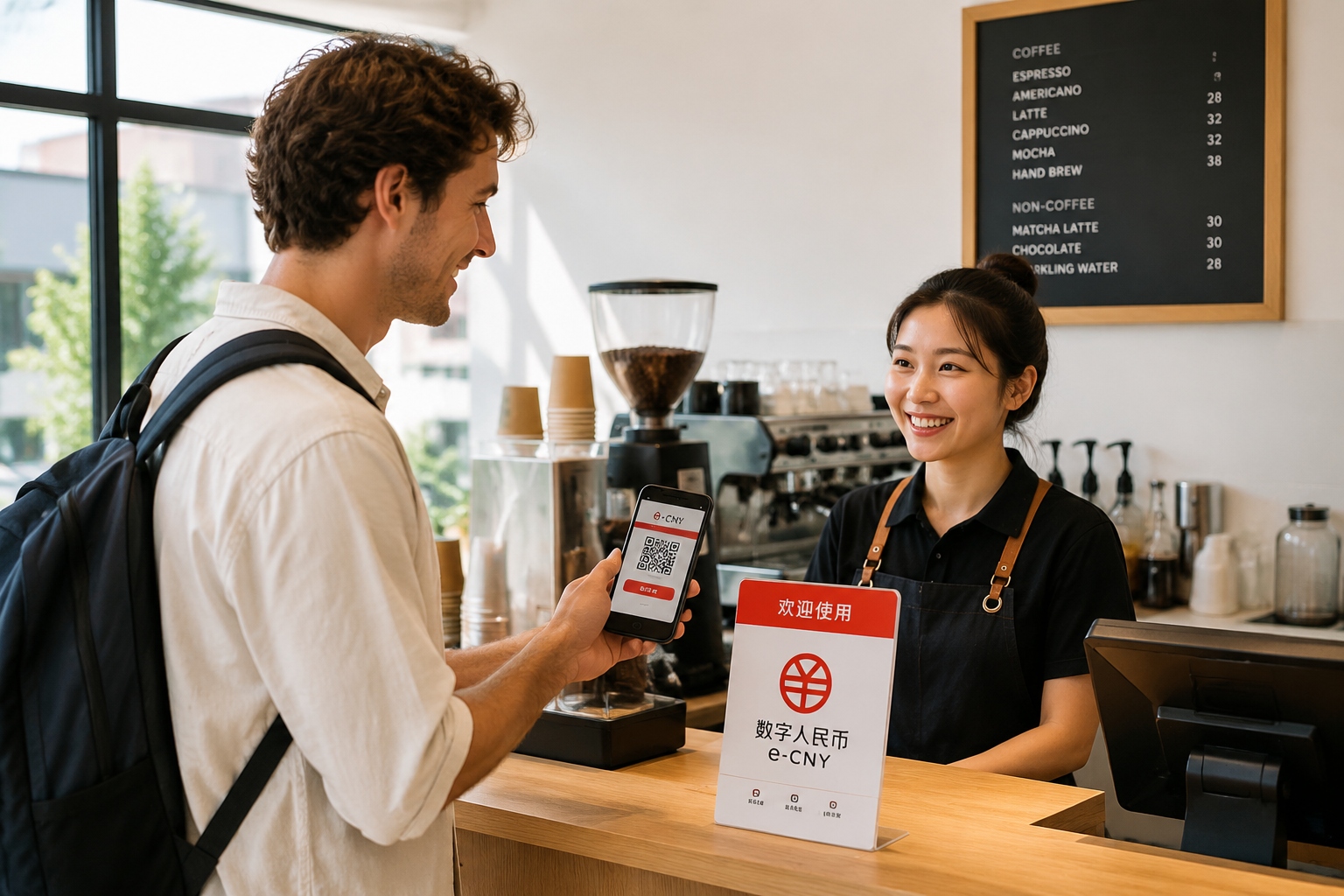 Foreign woman using digital yuan mobile wallet to scan a QR code at a Chinese coffee shop
