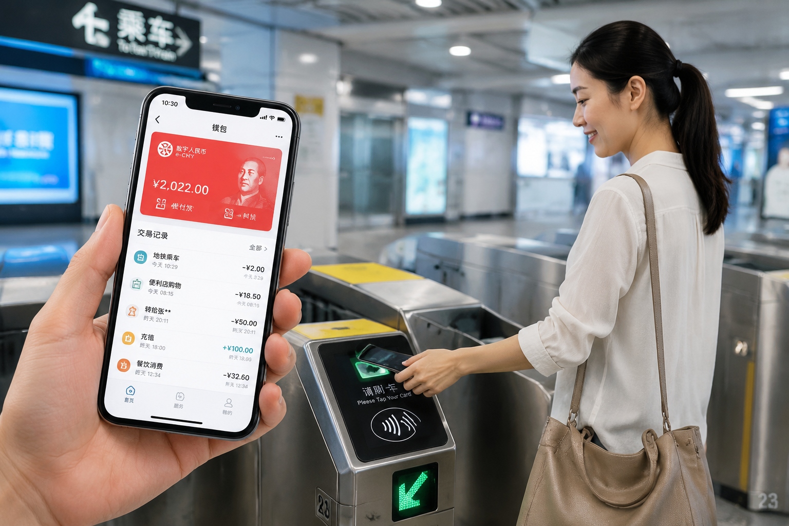 Close-up of e-CNY wallet app on a smartphone held by a foreigner near a metro station entrance in China