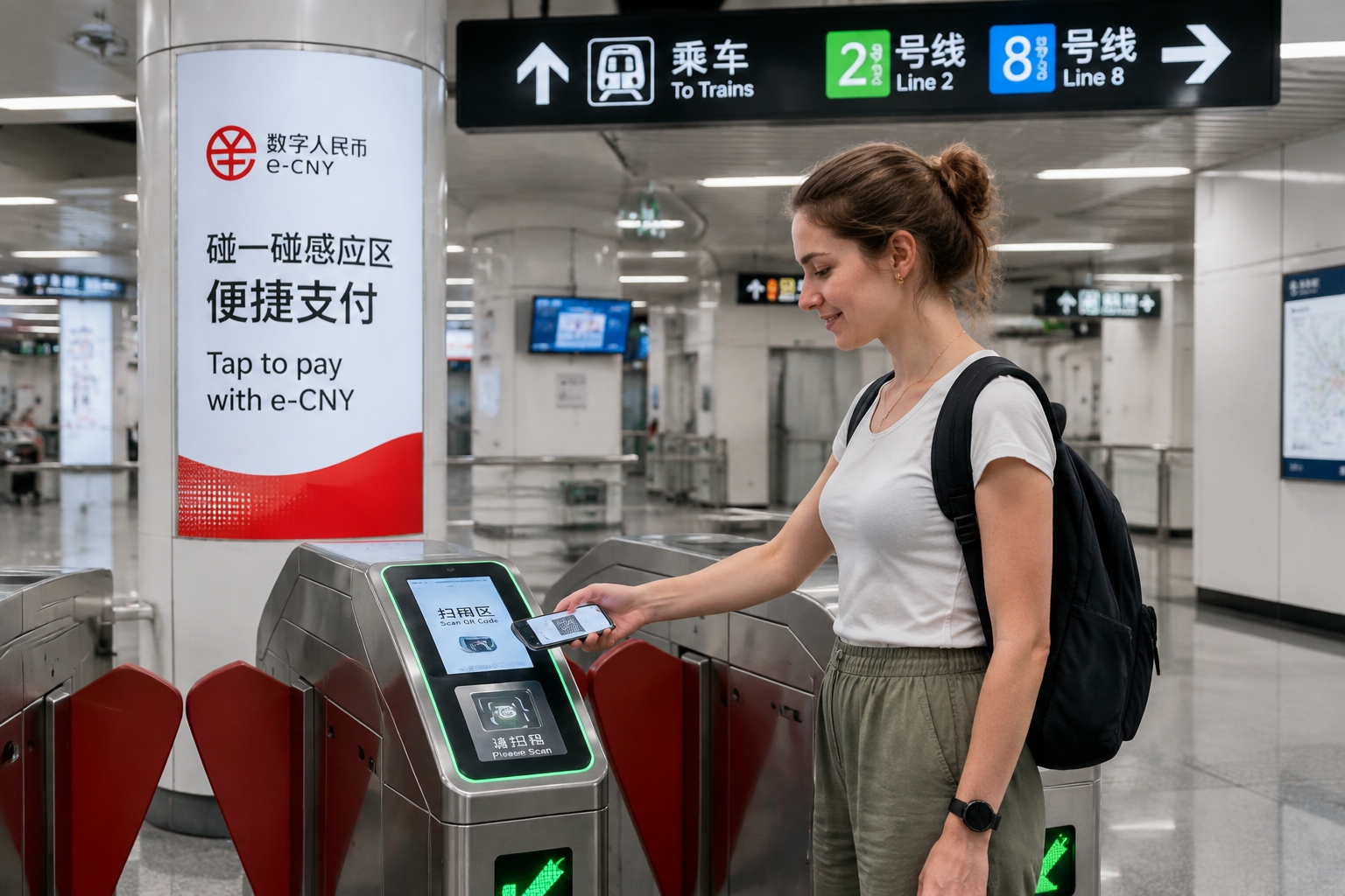 Tourist paying for metro ride with digital RMB in China subway station