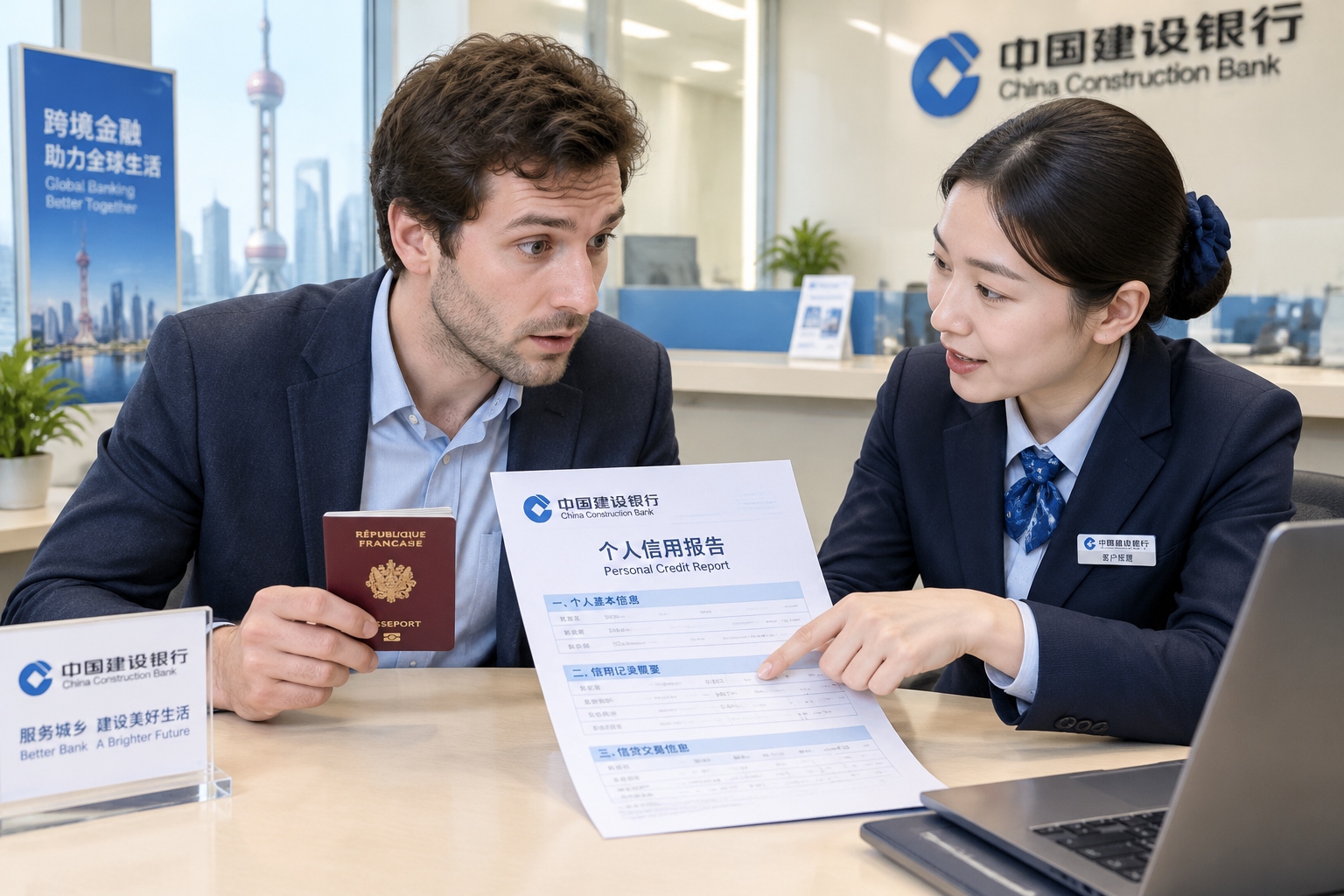Expat in Shanghai reviews his Chinese personal credit report with a bank loan officer at a bank counter