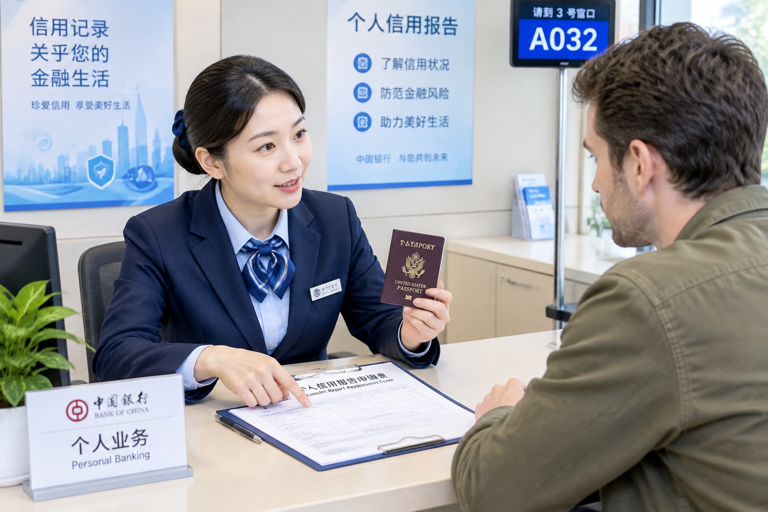 Foreign customer applying for a personal credit report at a Chinese bank service point with passport and application form