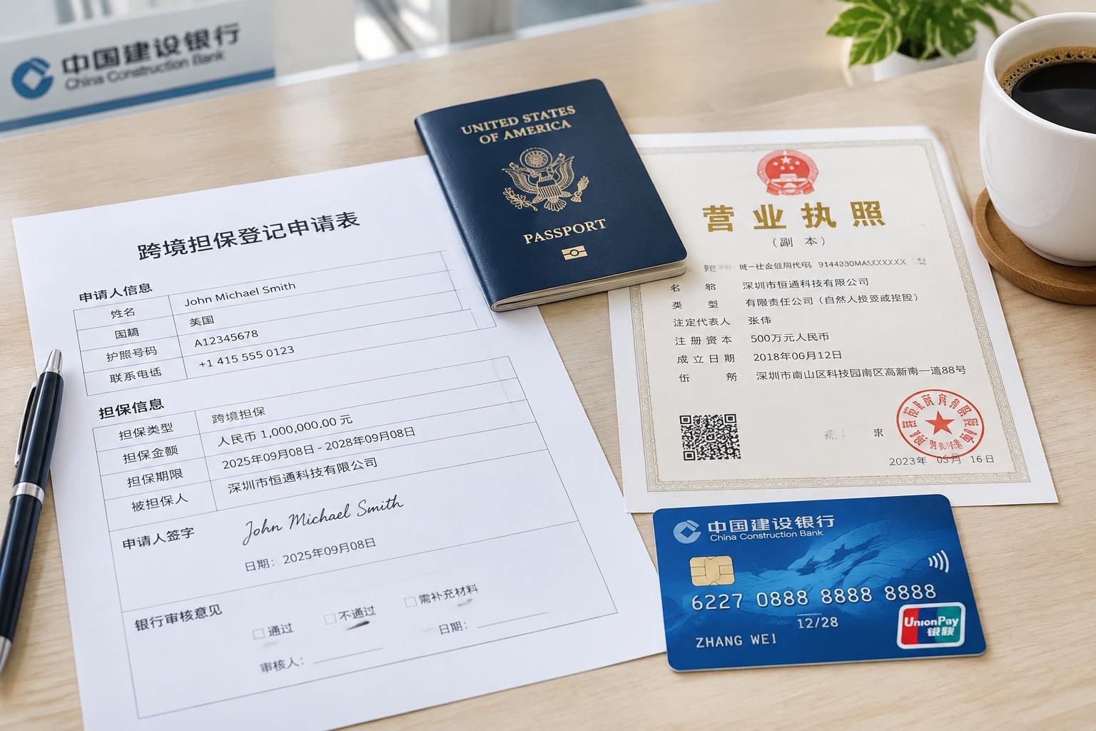 Cross-border guarantee registration papers, passport and Chinese business license on a bank desk in China