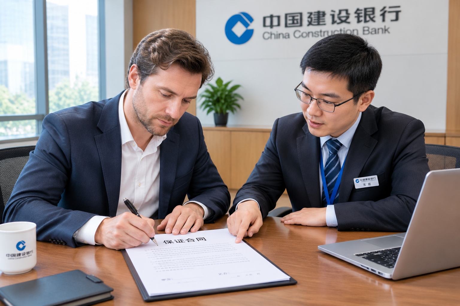 Foreign business owner signing cross-border guarantee documents with Chinese bank staff in a bank meeting room