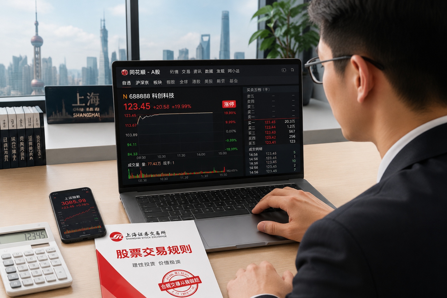 A-share trading platform on a computer showing stocks with daily price limit and trading quota