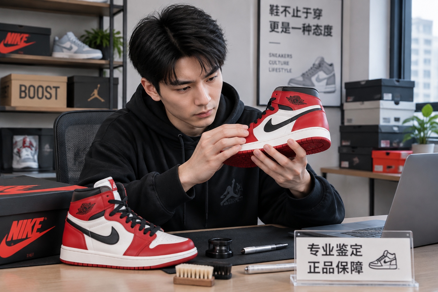 A young authenticator inspects the details of a limited edition Guochao sneaker in a Shanghai resale office.