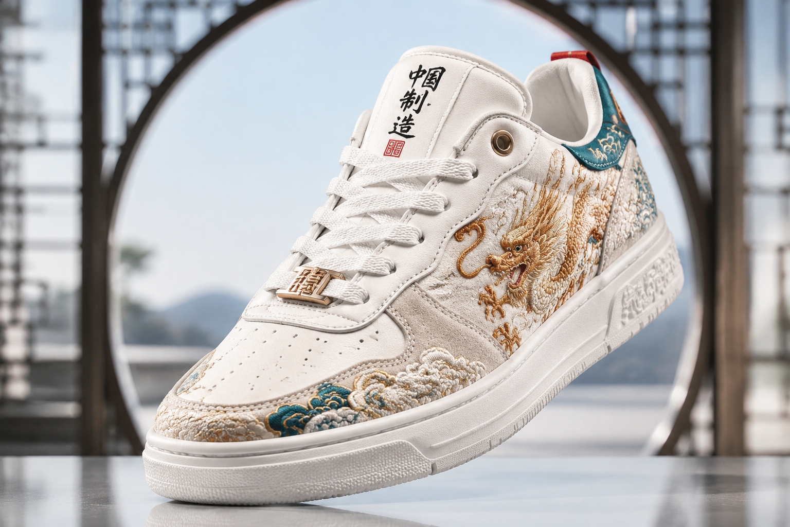 Detailed view of a Guochao sneaker with dragon embroidery and Chinese cultural design elements.