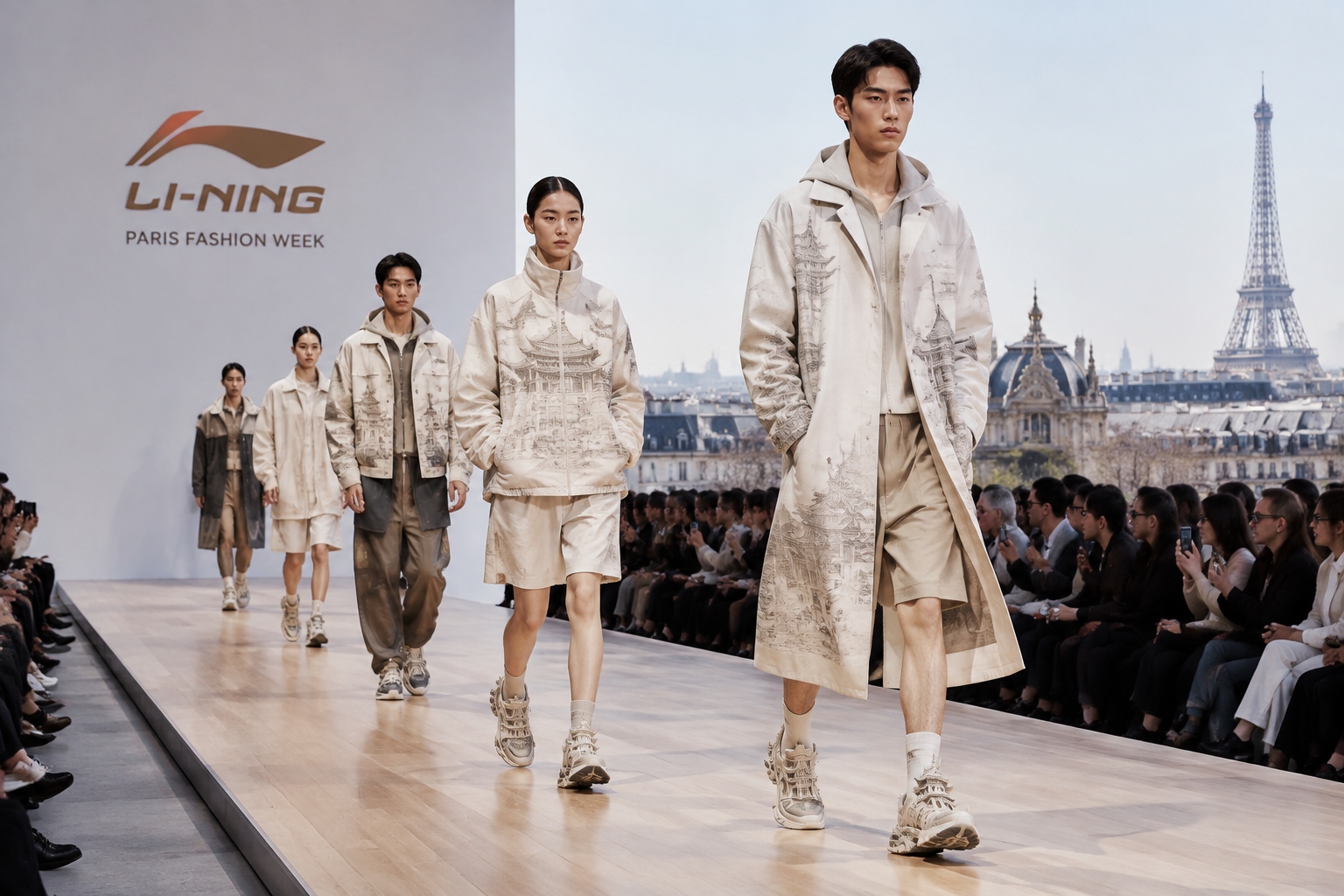 Models walking the runway at a Guochao fashion show in Paris, showcasing Chinese design heritage.