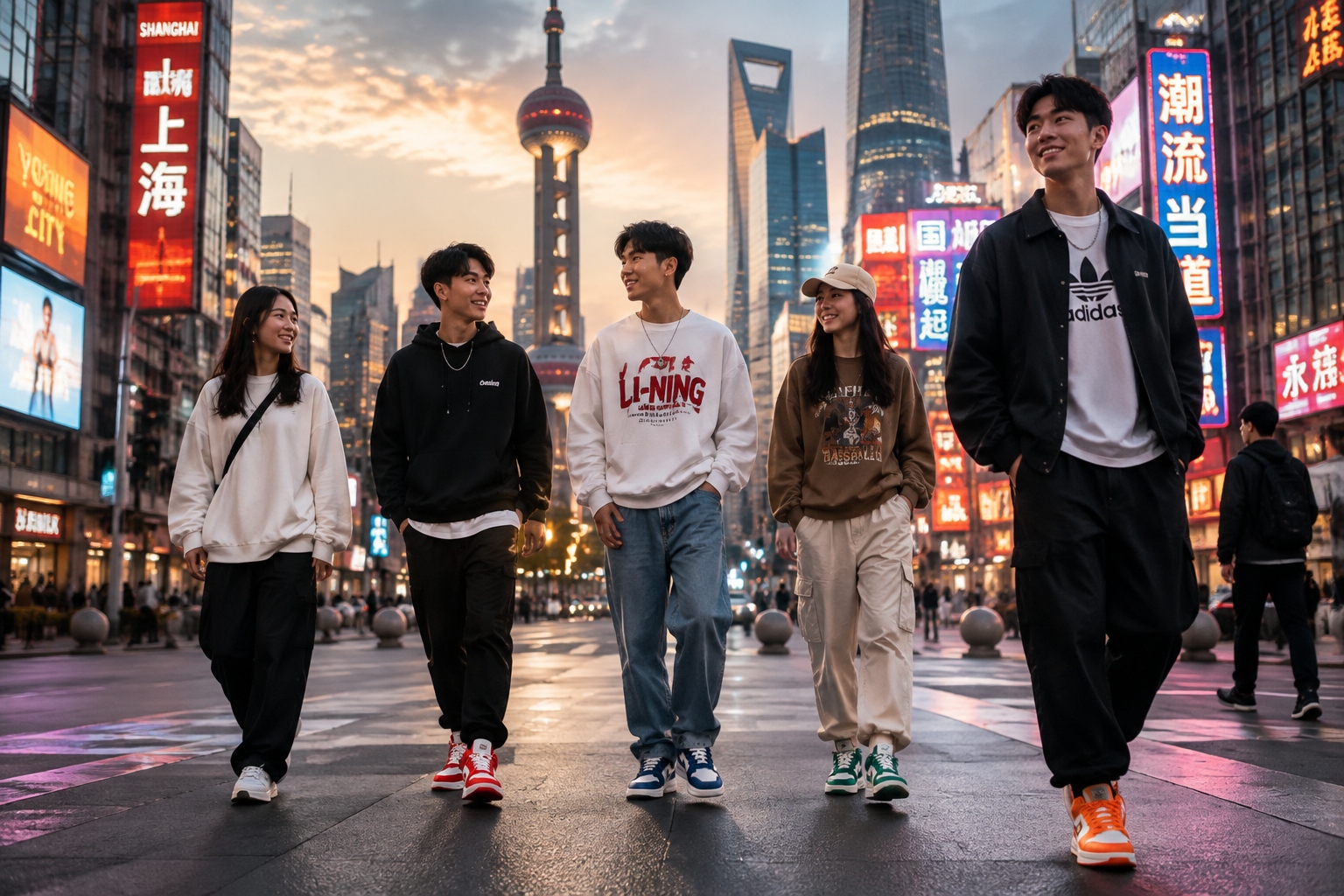 Young people walking on a modern Chinese street wearing Guochao sneakers, reflecting the trend's integration into daily life.