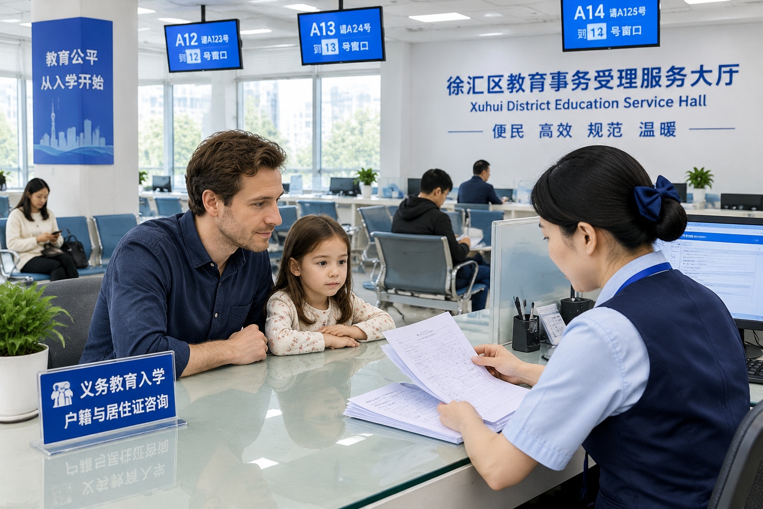 Foreign father and his child applying for a Chinese public school at a Shanghai district education office