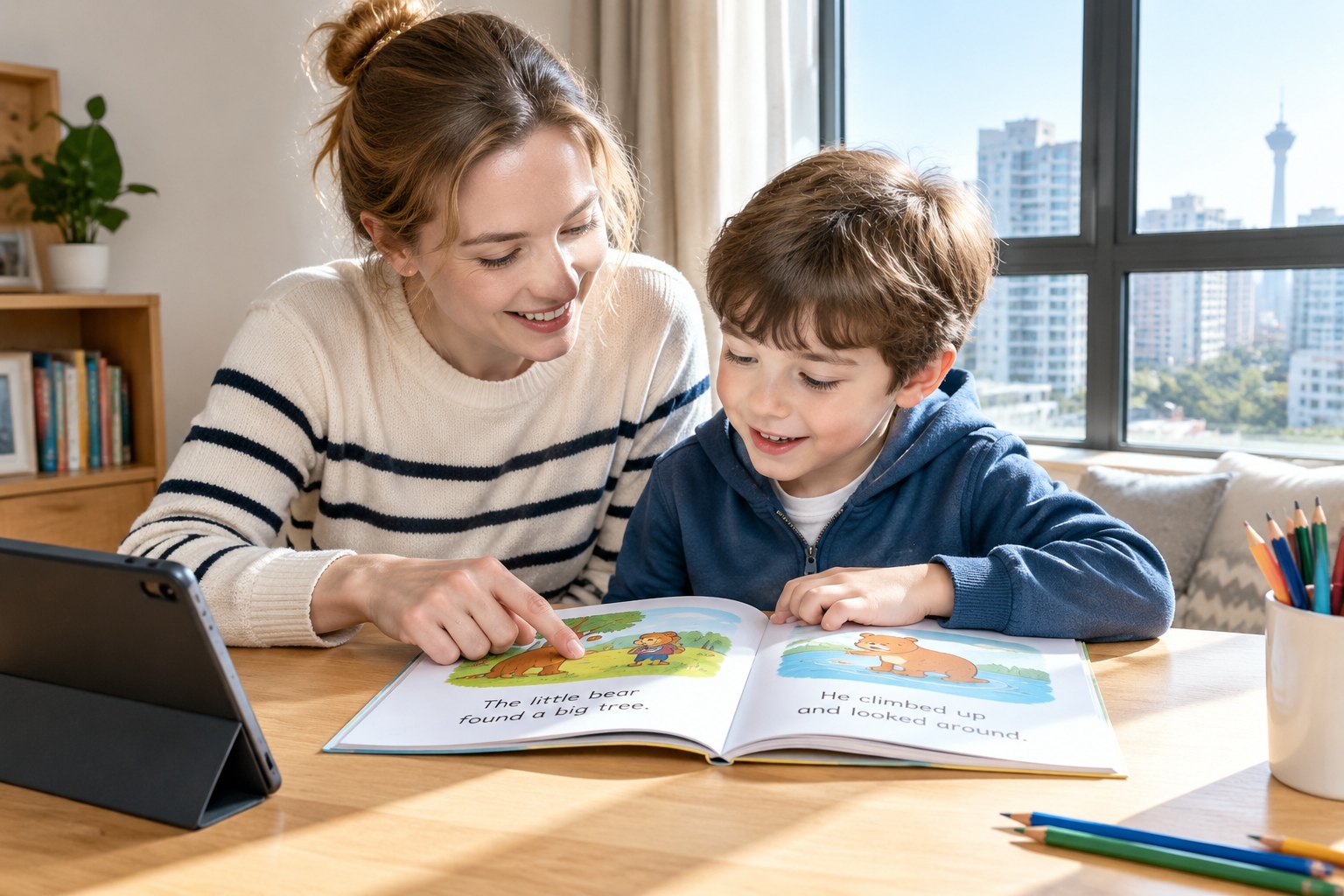 Foreign mother helping her son with a reading lesson at home in China