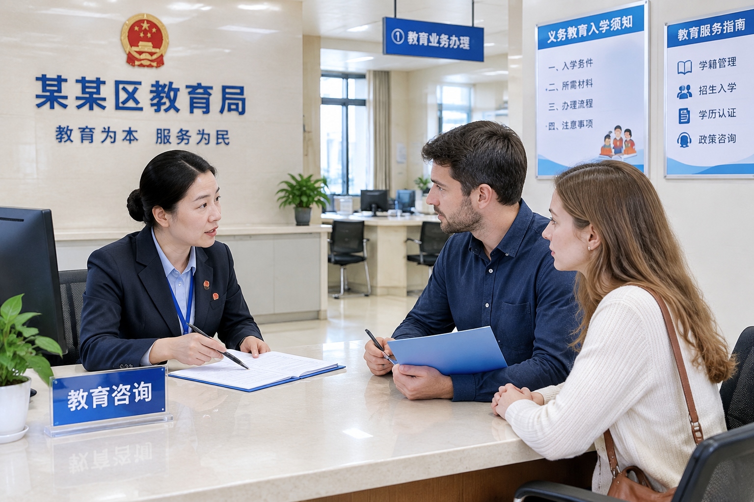 Foreign parents consulting with a Chinese local education official about school enrollment