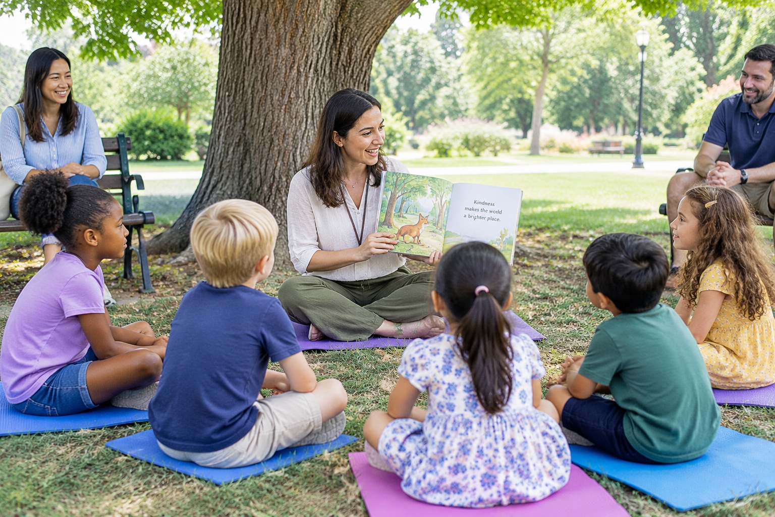 Expat children attending an outdoor co-op learning group in a Chinese park