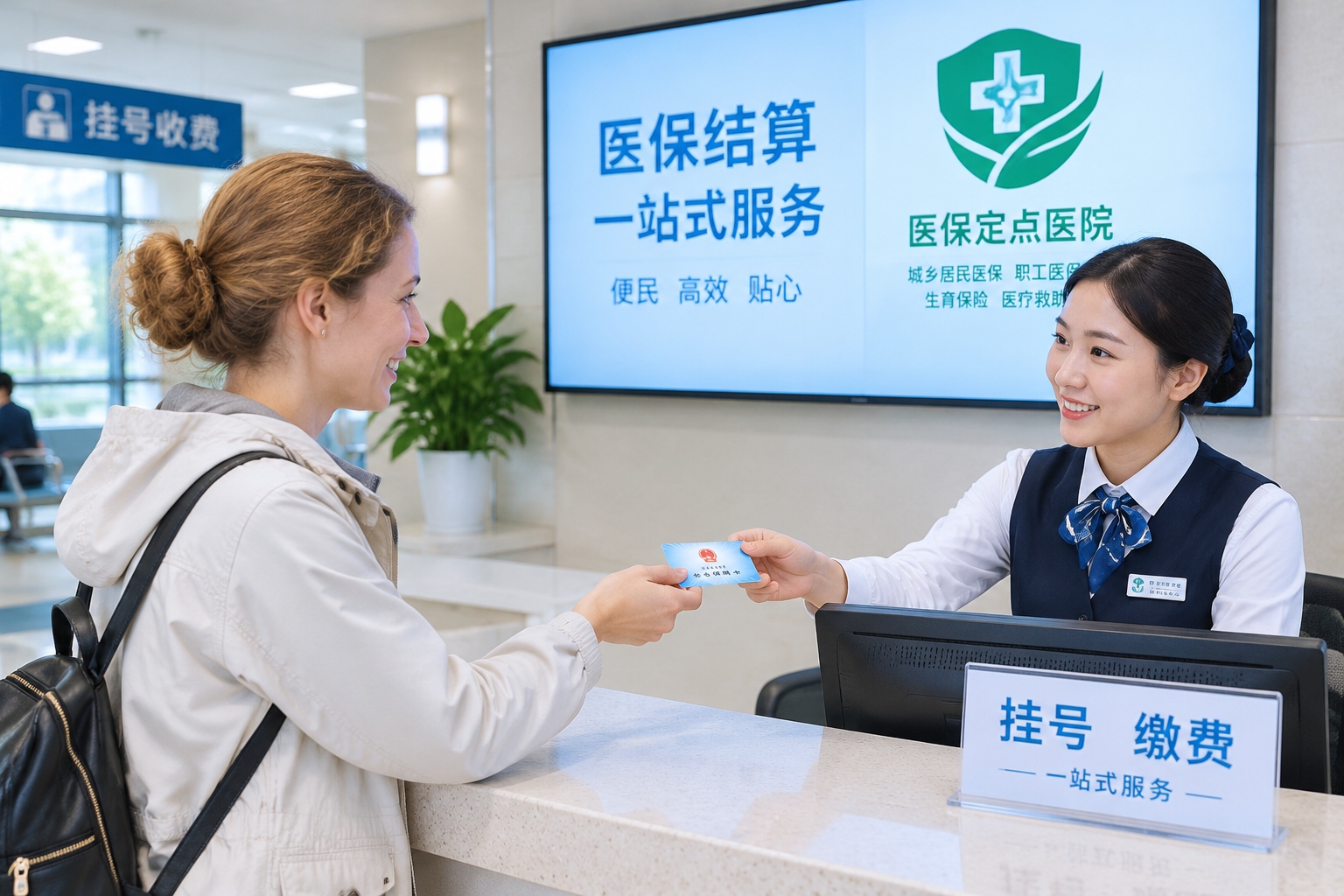 Expat woman using China's social security medical insurance card at a hospital payment counter