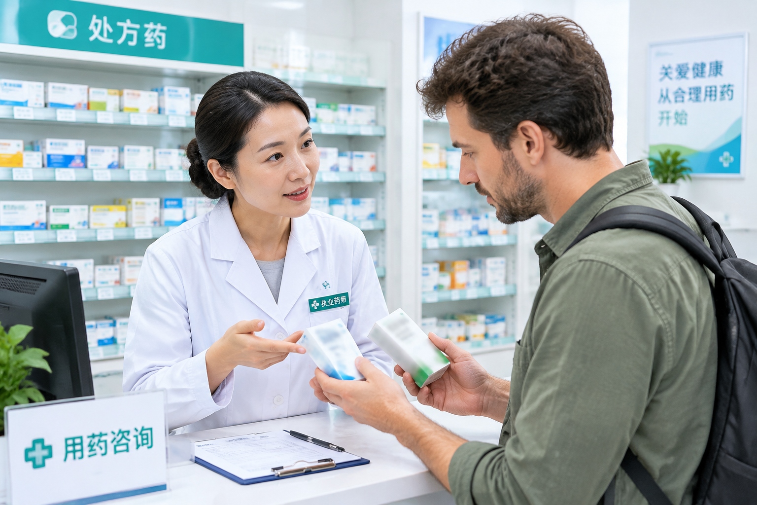 Expat patient asking a pharmacist about drug reimbursement categories A and B in China