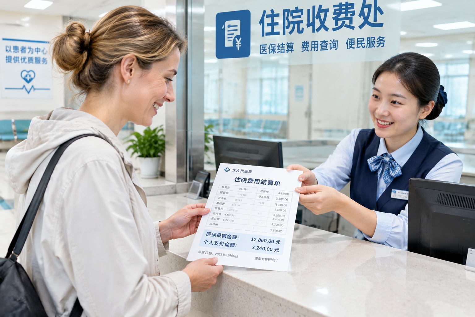 Hospital bill showing medical insurance reimbursement and personal payment for expat patient in China