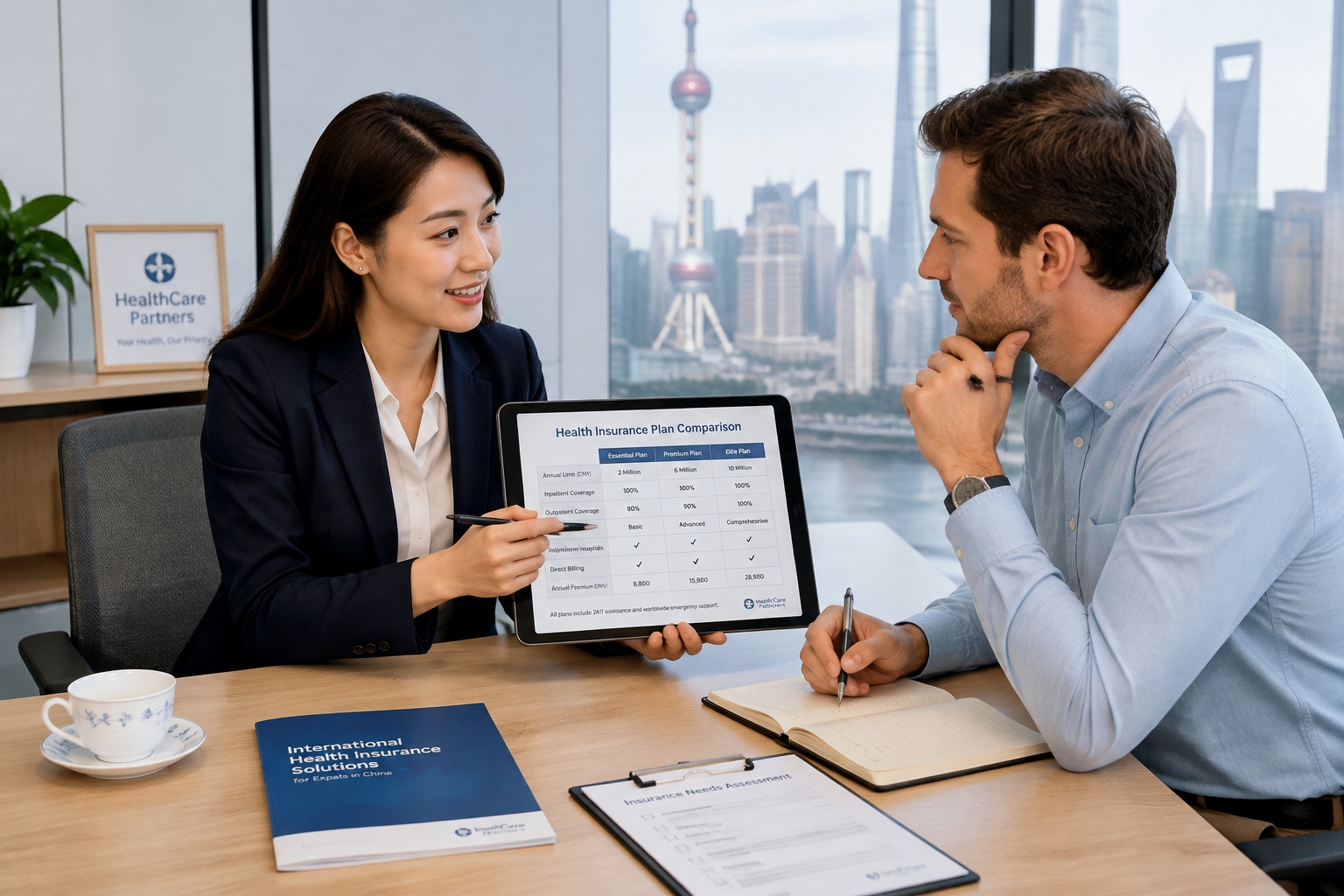 Chinese insurance broker explains health insurance policy to an expat client