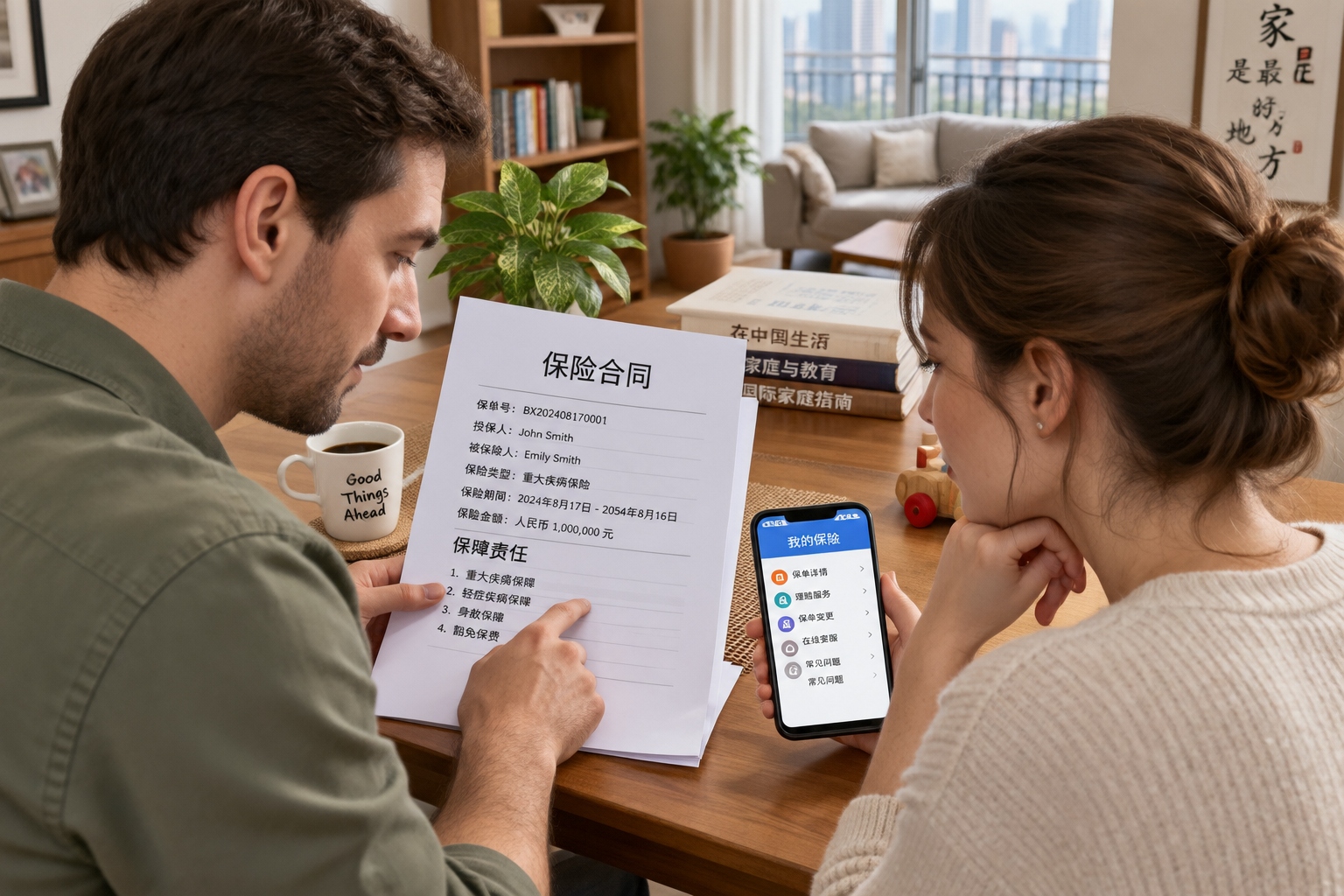 Expat family in China reviews health insurance documents before signing a policy