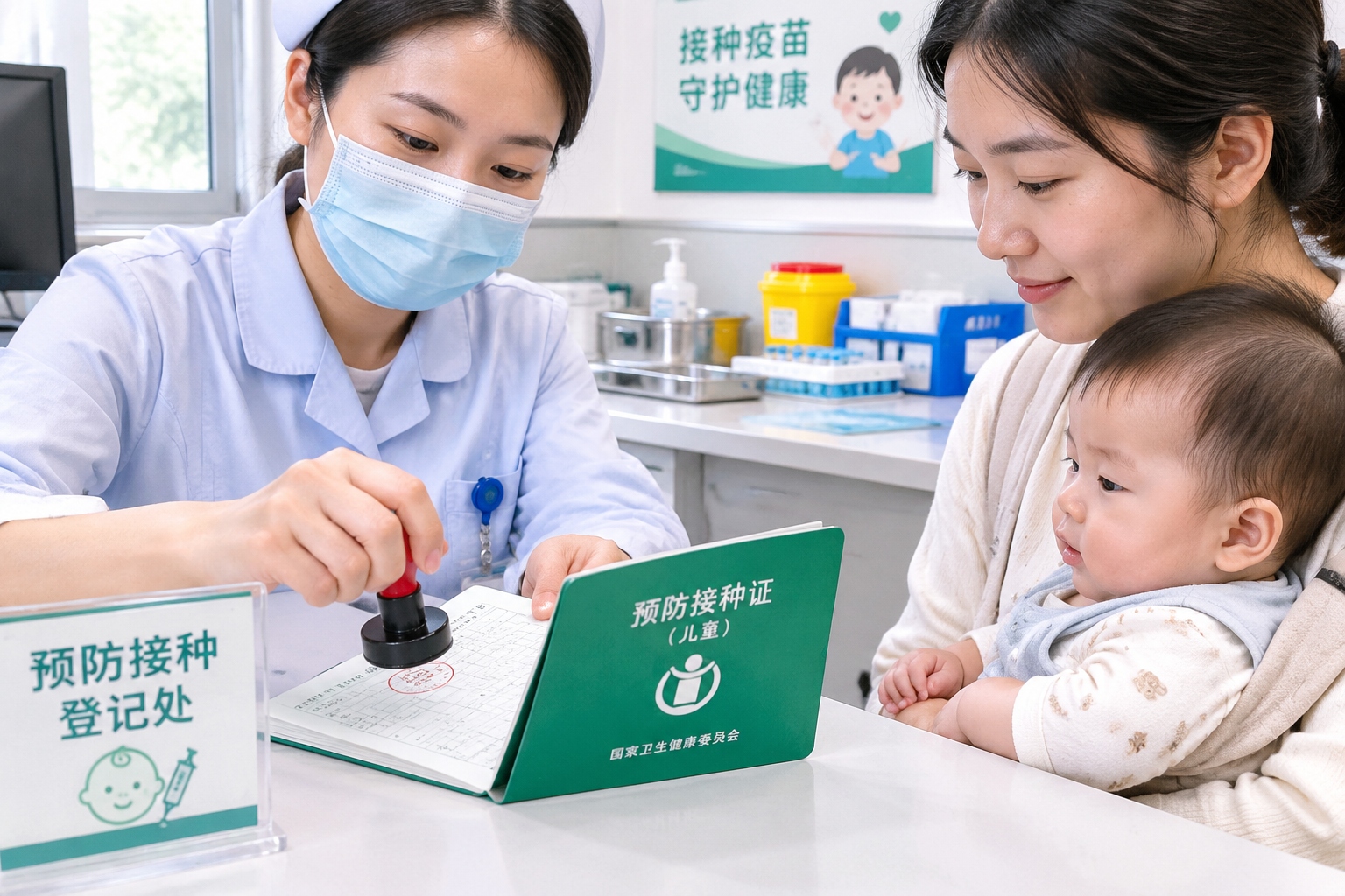 A nurse updates the Chinese vaccination record booklet for a foreign mother and her baby at a community health center in China