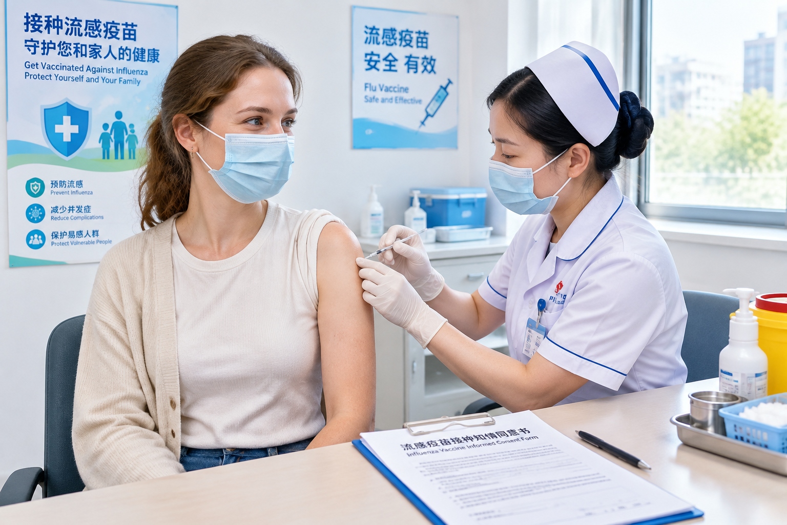 An adult foreign resident gets a flu shot at a Chinese community vaccination clinic