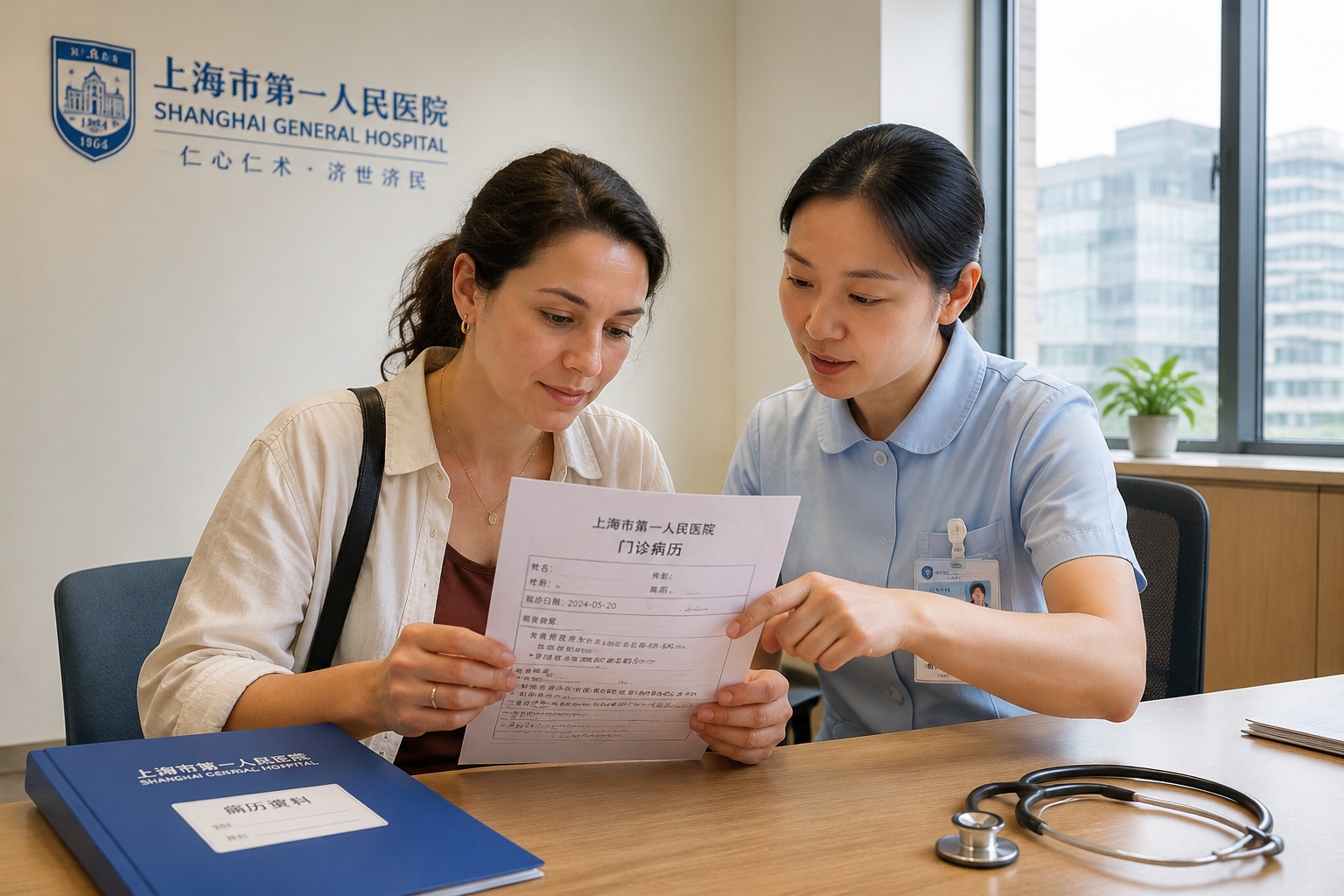 Medical Disputes in China: A Legal Roadmap for Foreign Patients 22 Foreign patient reviews Chinese medical records with a nurse in a Shanghai hospital consultation room