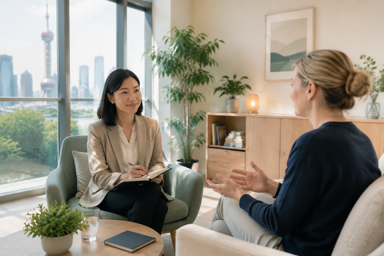 Expat client talking to a psychologist in a bright counseling room in Shanghai, China
