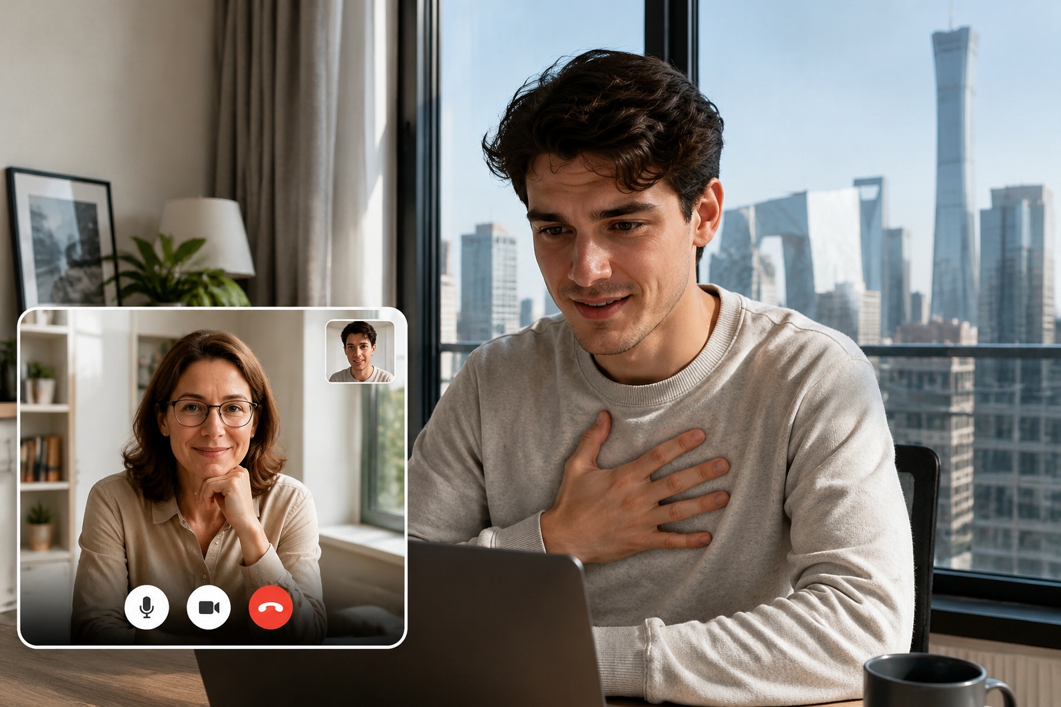 Foreigner in China attending an online therapy session from his apartment