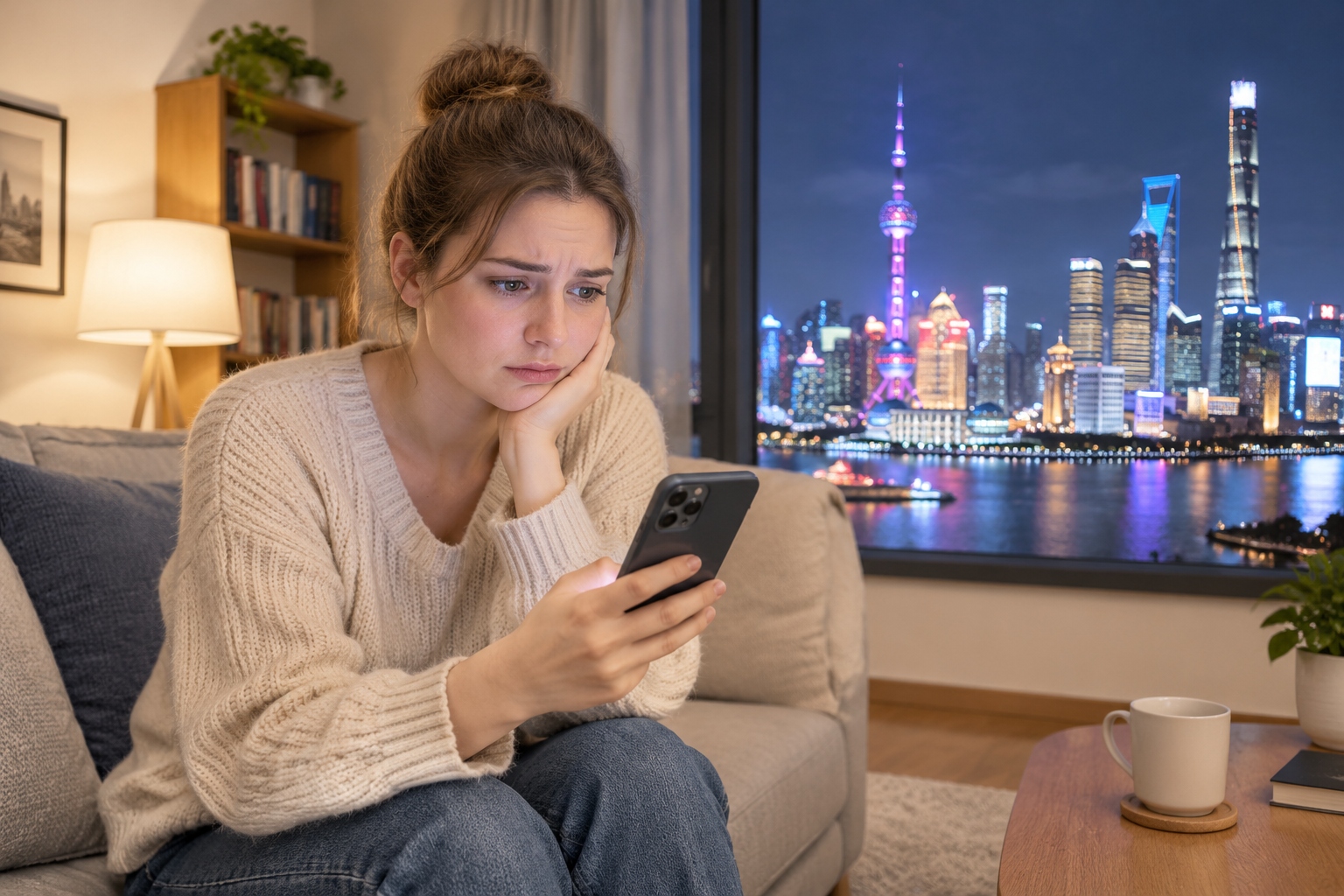 Expat woman in Shanghai feeling stressed at night while searching for English-speaking mental health support