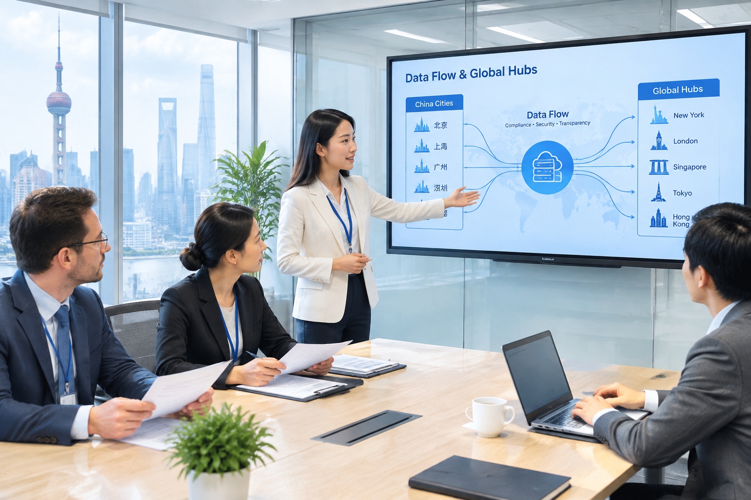 Compliance team in Shanghai maps personal data flows from China to overseas headquarters on a large screen during a PIPL compliance meeting.