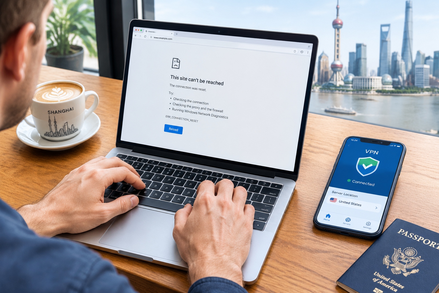 Laptop with loading error and smartphone VPN app in a Shanghai cafe