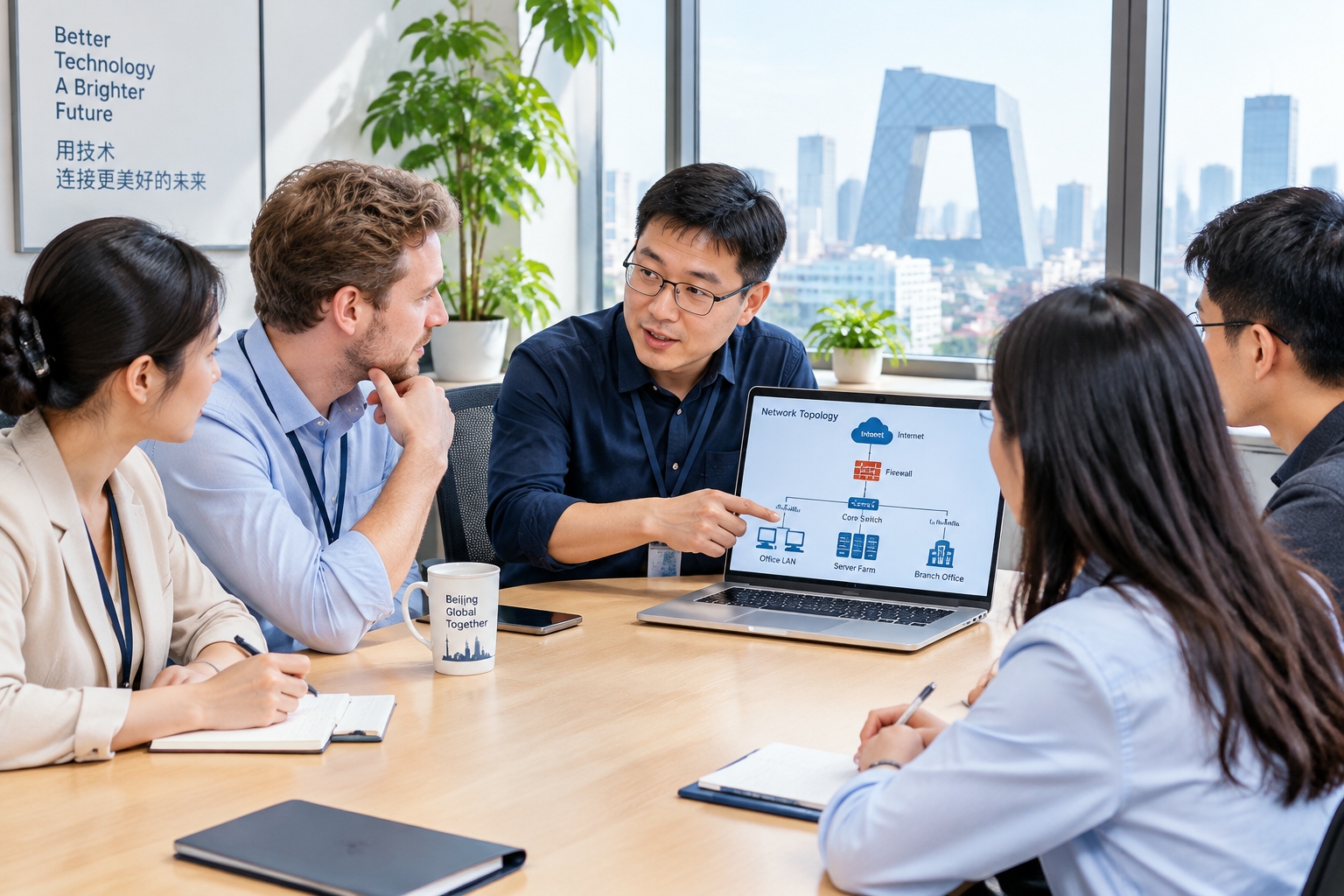 Employee asking IT manager about network access in a Beijing office