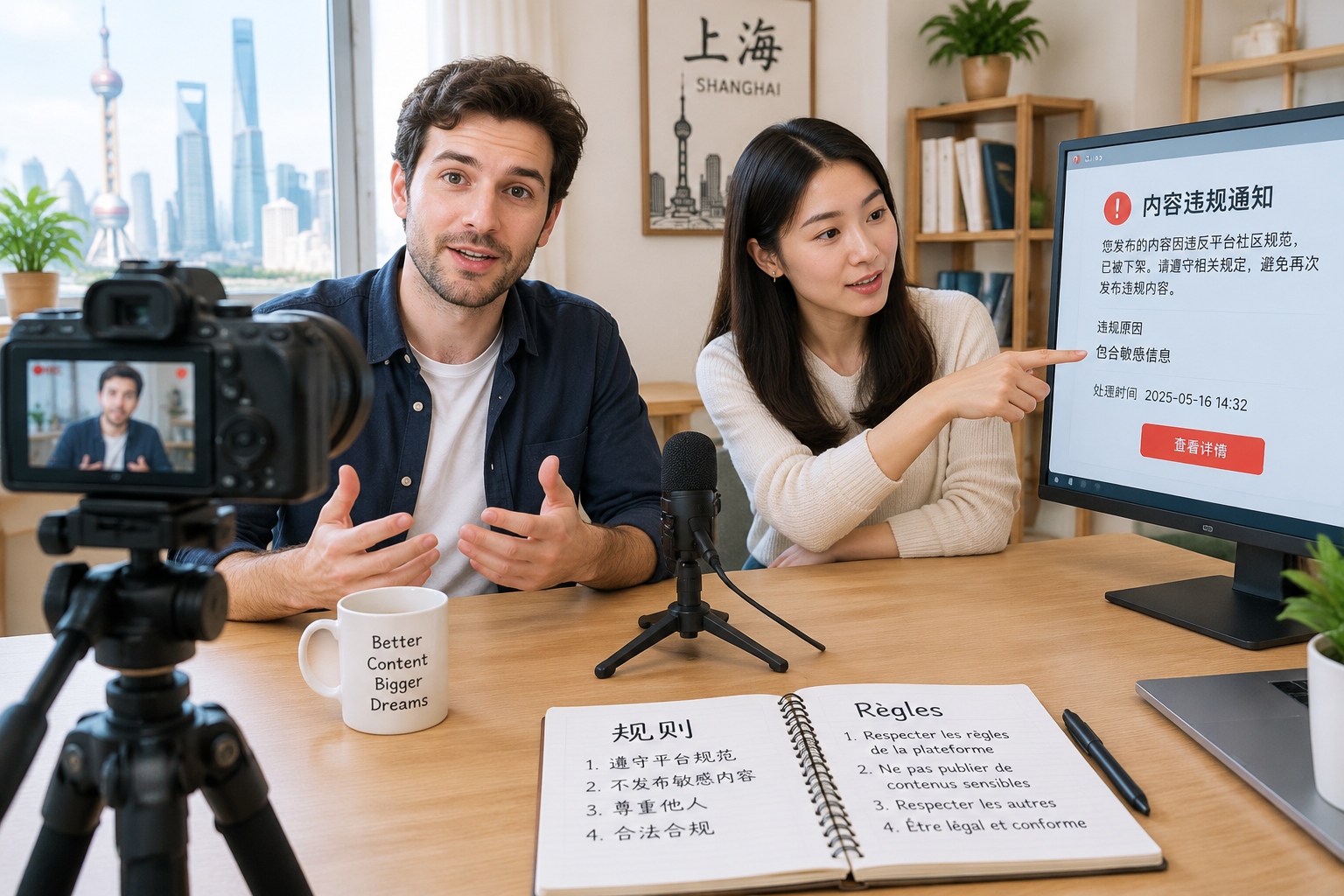 Running a Social Media Account in China as a Foreigner: Rules and Compliance 22 Foreign vlogger filming in Shanghai with a Chinese friend reviewing platform content guidelines on a laptop
